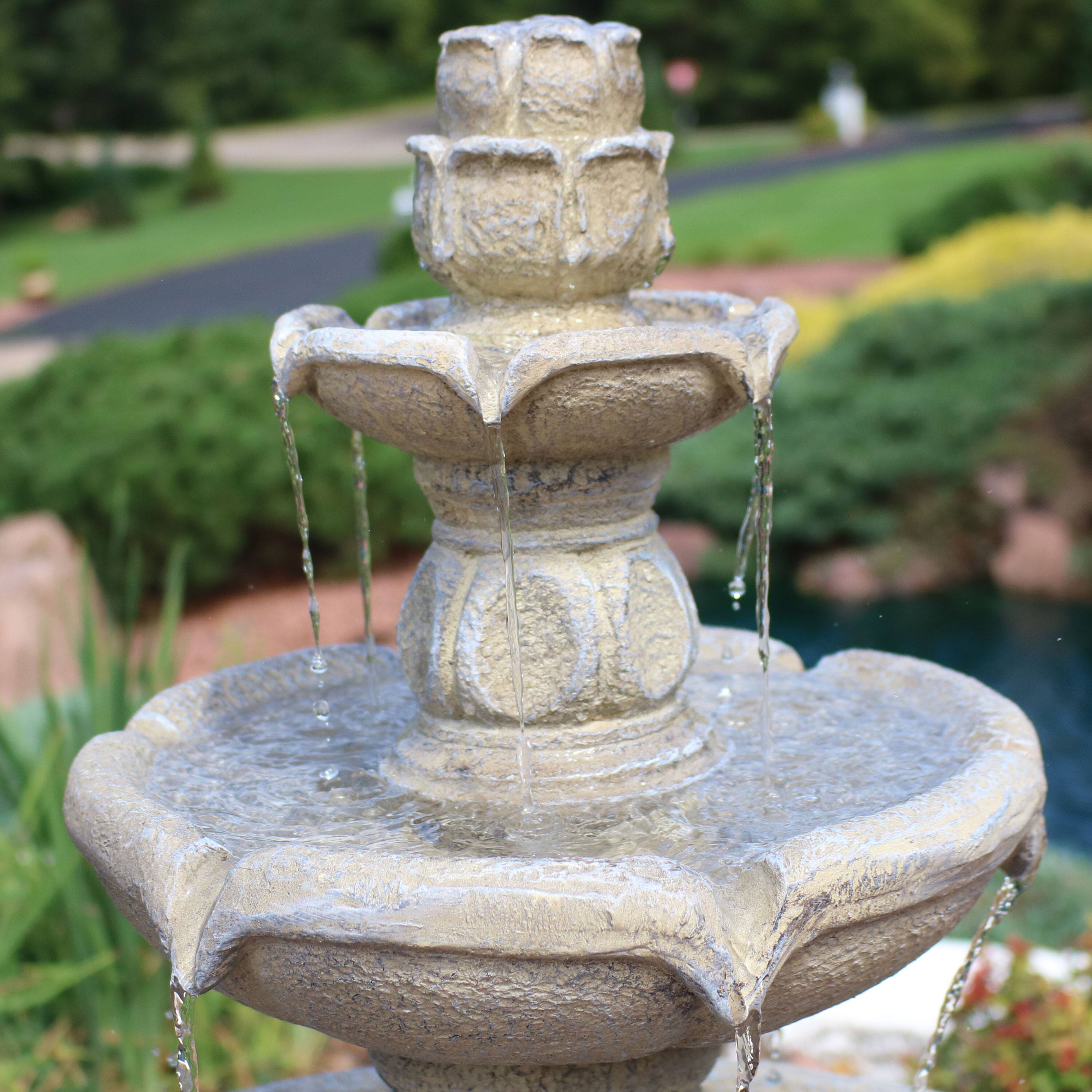 Alt View 7. Sunnydaze - Birds' Delight Fiberglass Outdoor 3-Tier Water Fountain - Light Brown.