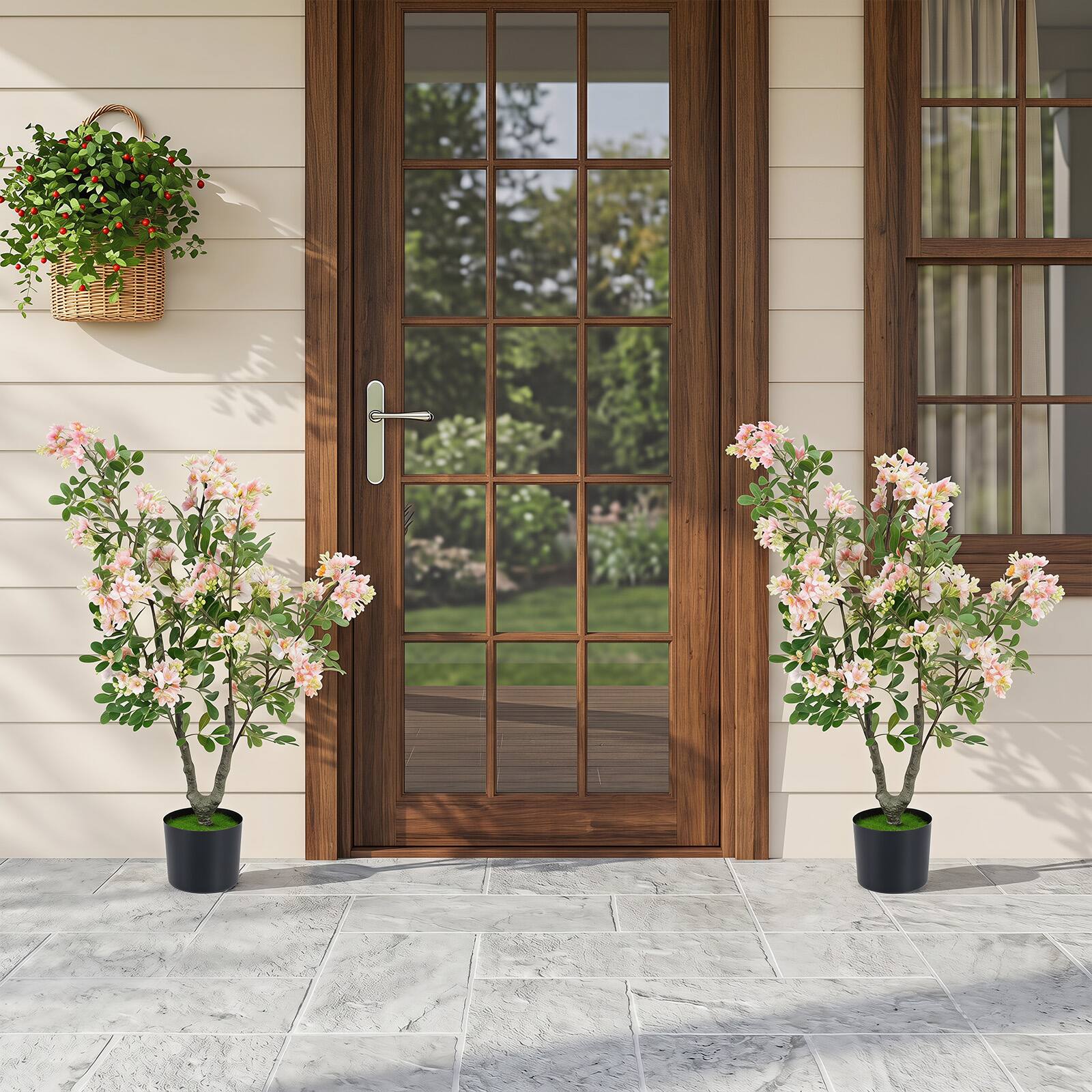 Alt View 8. Gymax - Gymax 36'' Artificial Impatiens Blossom Tree w/ Mini Fruits Faux Grass for Porch - Pink.