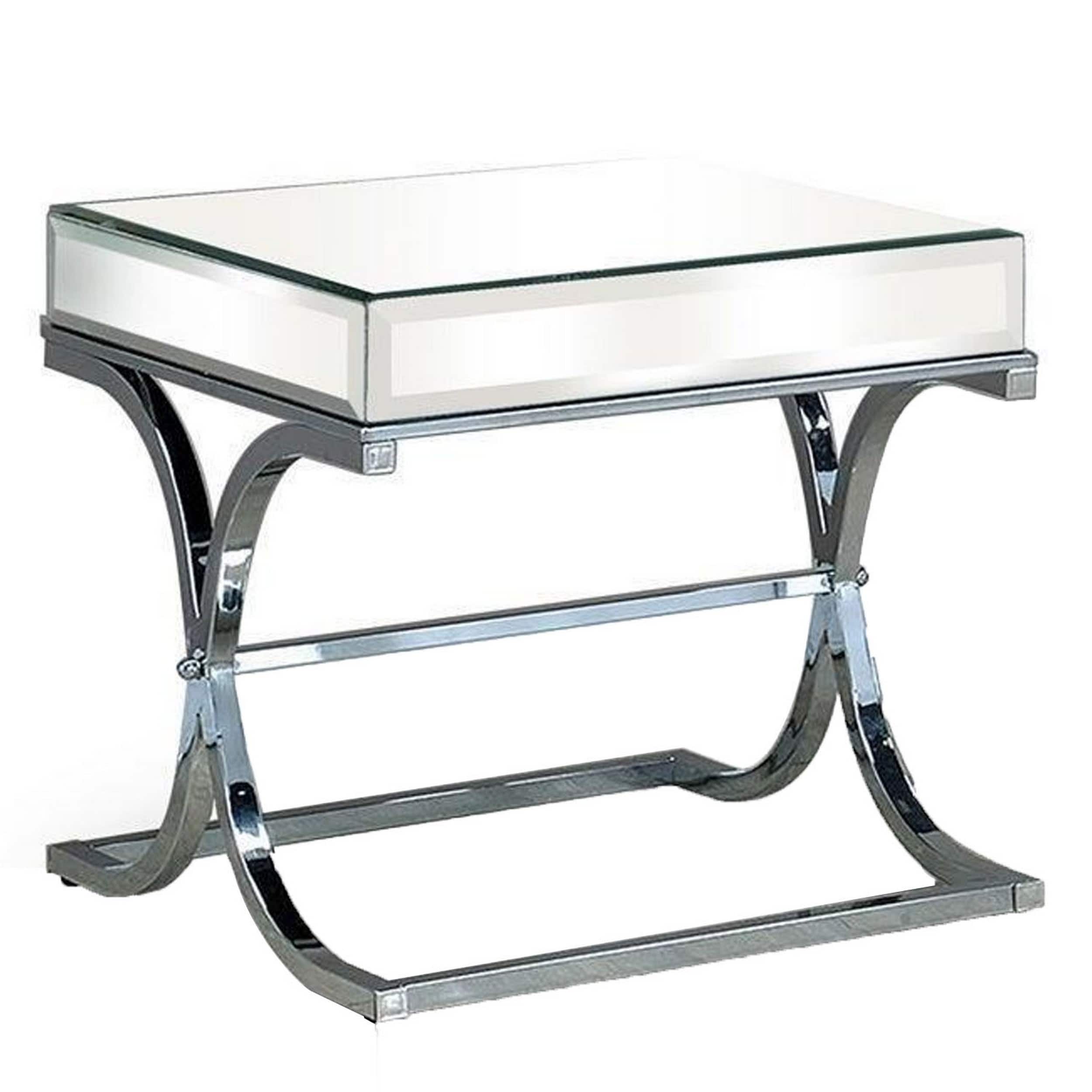 Manhattan Lane - Gavin 24 Inch Side End Table, Mirrored Panels, Curved Crossed Base, Chrome - Silver