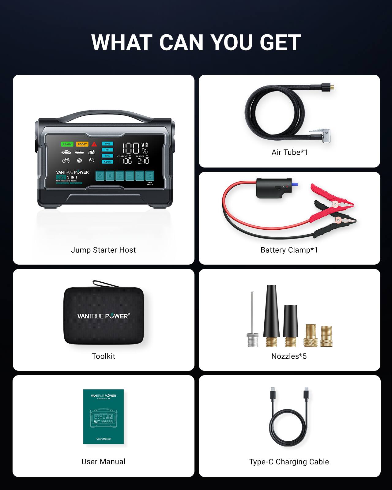 WHAT CAN YOU GET

- Air Tube*1
- Battery Clamp*1
- Toolkit
- Nozzles*5
- User Manual
- Type-C Charging Cable

VANTRUE POWER J51 3 IN 1

- Jump Starter Host