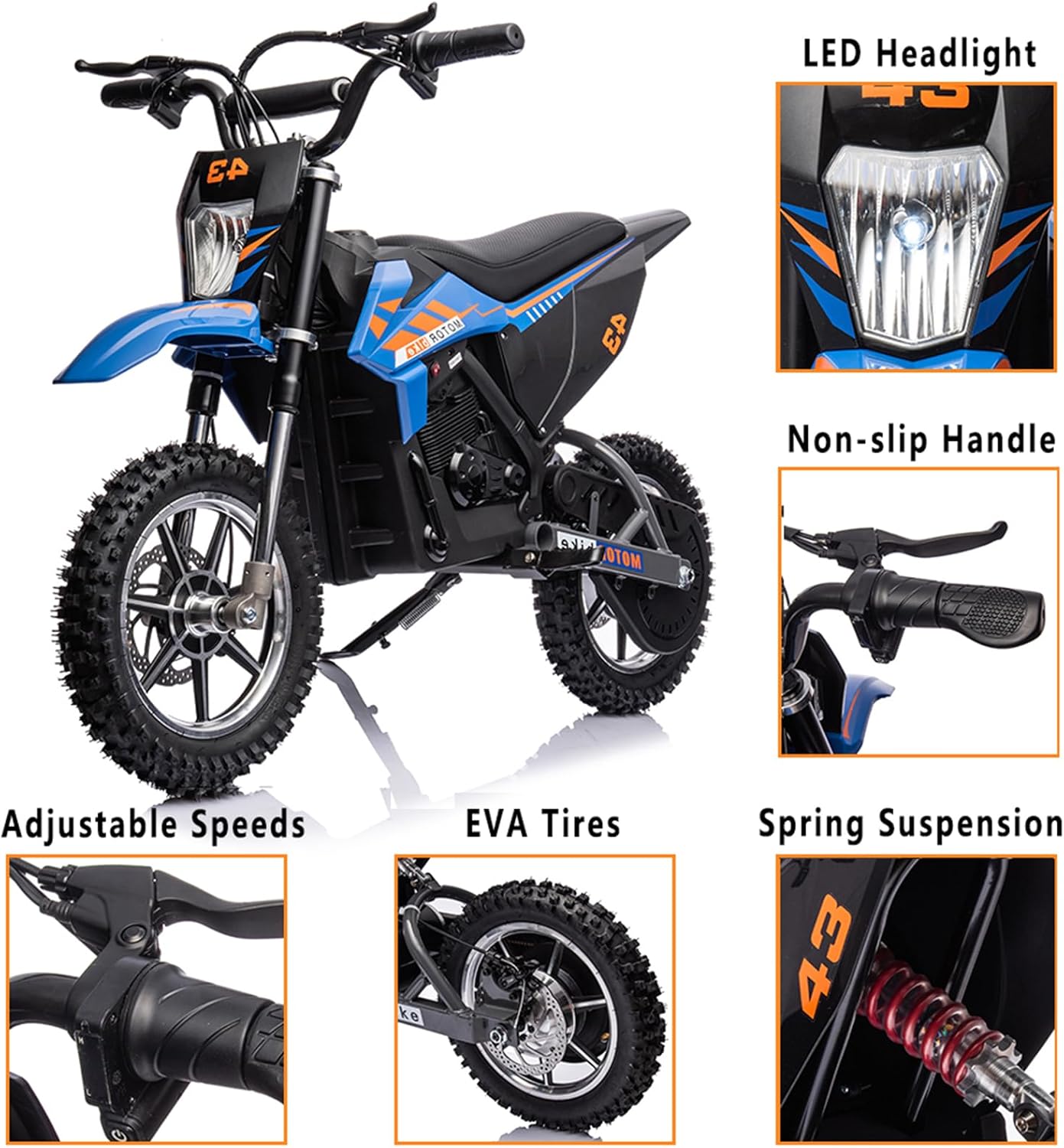 - LED Headlight
- Non-slip Handle
- Adjustable Speeds
- EVA Tires
- Spring Suspension