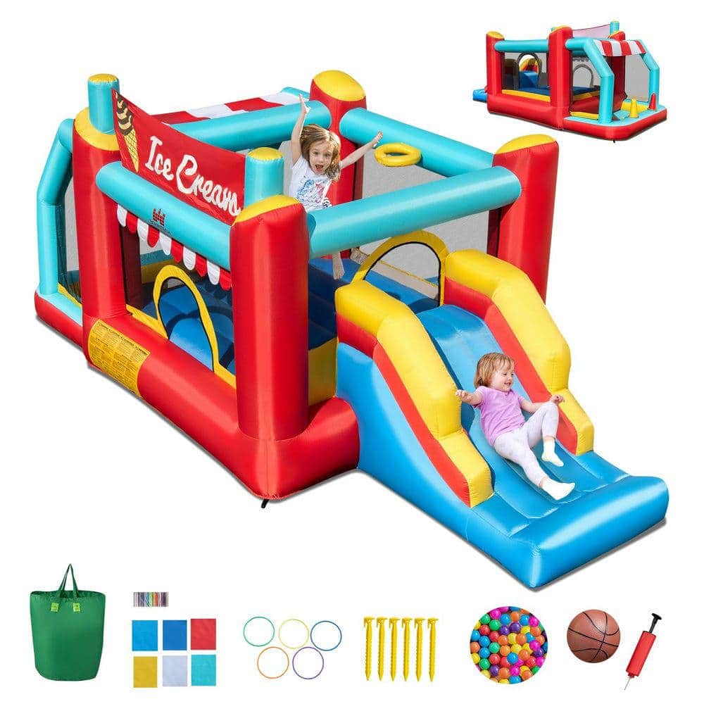 Resenkos - 5-in-1 Ice Cream Inflatable Bounce House with Ball Pit & Slide - No Blower Included Outdoor Play Center