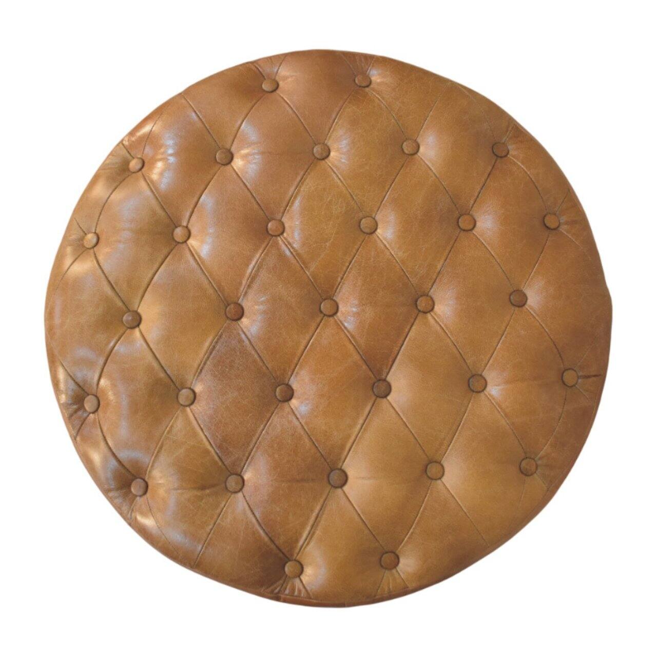 Alt View 6. Artisan Furniture - Artisan Furniture Solid Wood Brown Buffalo Leather Round Ottoman with Castor Legs, Upholstered, Brown - Brown.