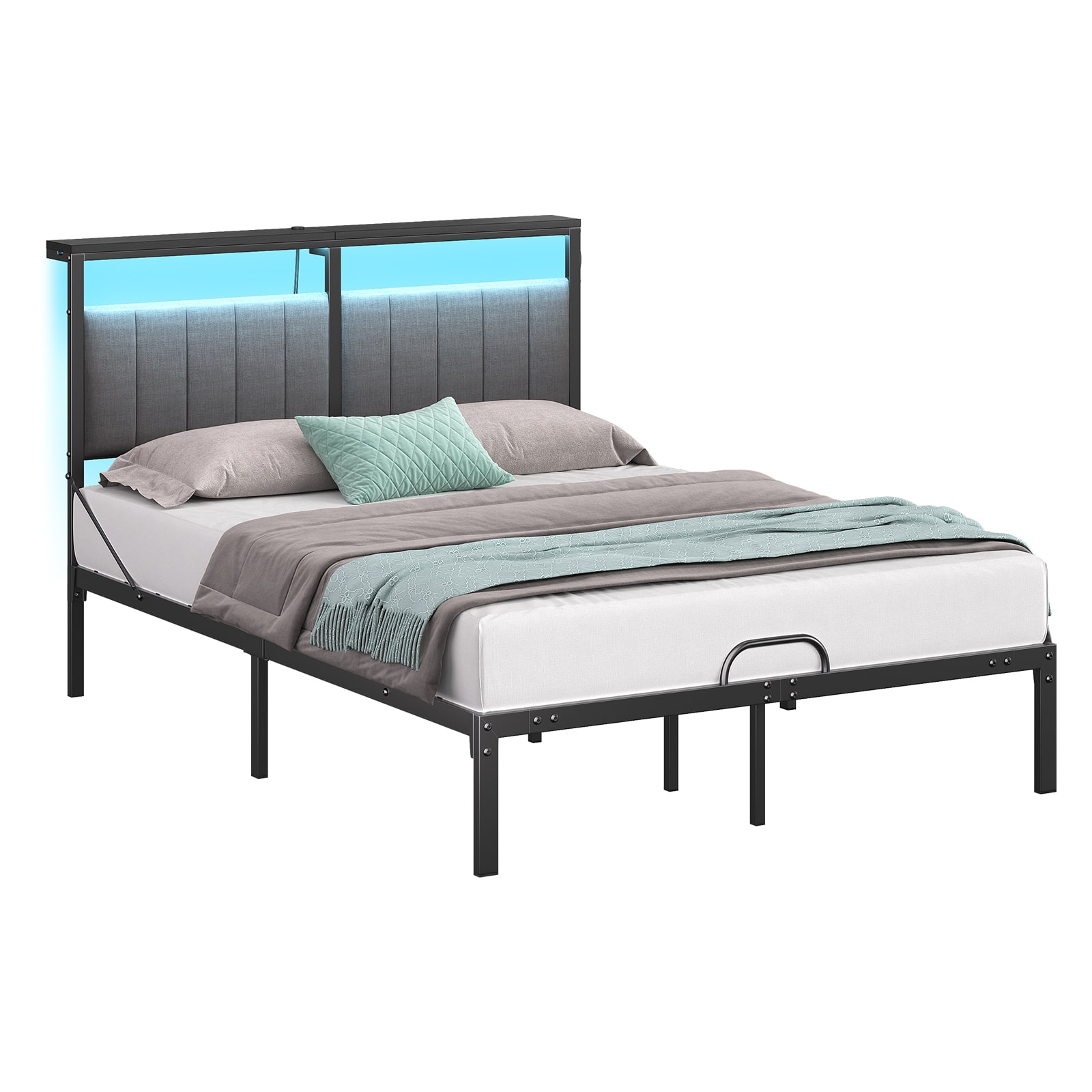 Front. Bestier - Full Size Bed Frame with Upholstered Headboard，Metal Platform with LED Lights, USB Charging Station & Storage Shelf - Grey Fabric.