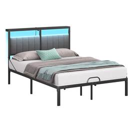 Bestier - Full Size Bed Frame with Upholstered Headboard,Metal Platform with LED Lights, USB Charging Station & Storage Shelf - Grey Fabric