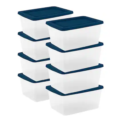 Front. Sterilite - Sterilite 58 Qt Storage Boxes, Clear Plastic Containers with Lid, Set of 8, Blue - Marine Blue.