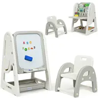 Costway - 2 in 1 Kids Easel Desk Chair Set Book Rack Adjustable Art Painting Board - Gray - Front_Zoom