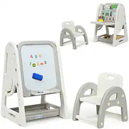 Costway - 2 in 1 Kids Easel Desk Chair Set Book Rack Adjustable Art Painting Board - Gray