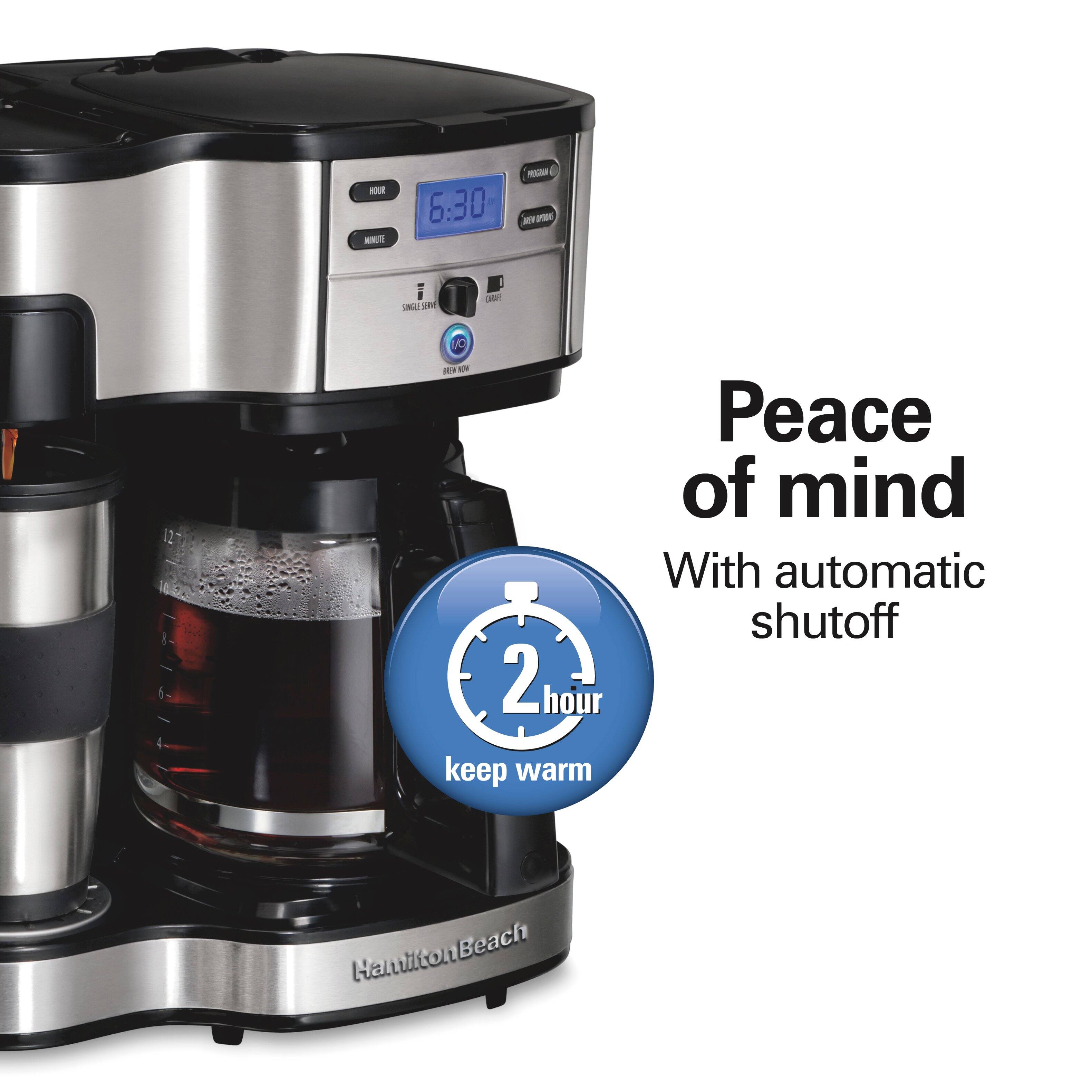 - OUE - 6:30 - - - i - atd 2 NF . 2 hour keep warm Peace of mind With automatic shutoff Hamilton Beach