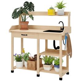 Outsunny - Potting Bench Table, Outdoor Garden Table Wooden Work Station with Removable Sink, Faucet, Drawer, Shelves, Hooks - Natural Wood