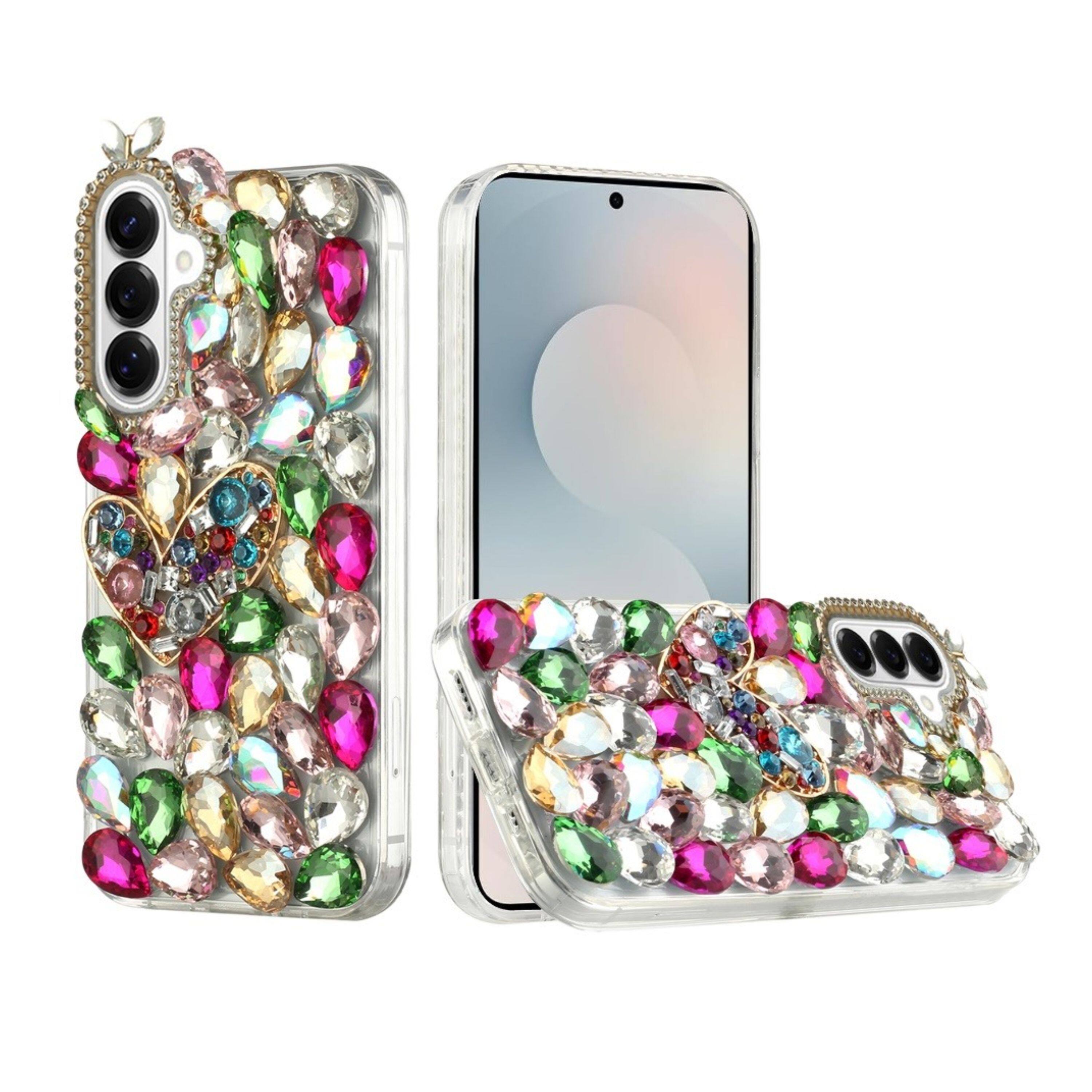 Front. Kitcheniva - Full Diamond Bling 3D Jewel Ornaments Design Phone Case With Tempered Glass For Samsung S26 Ornaments With Heart - Multicolor.