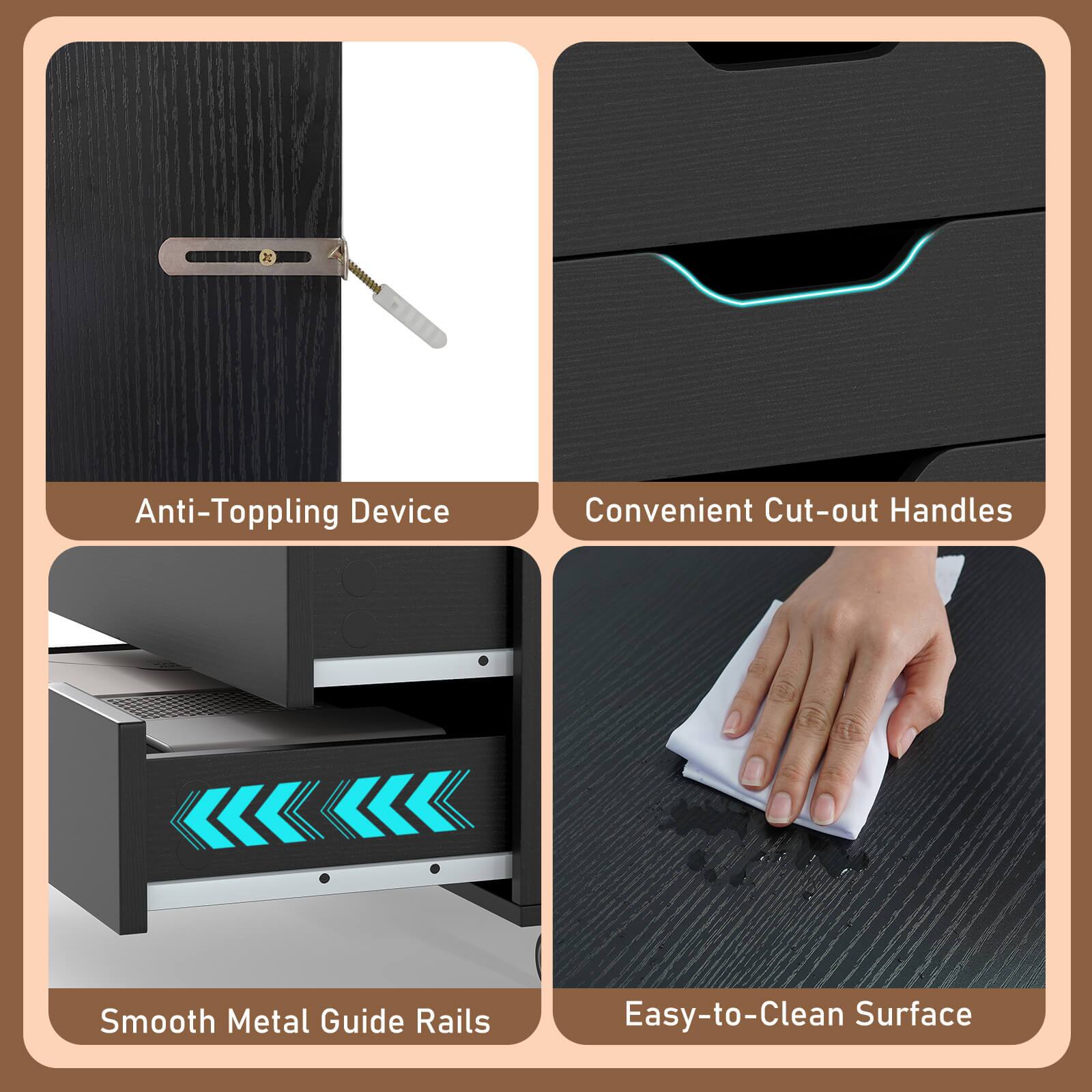 - Anti-Toppling Device
- Convenient Cut-out Handles
- Smooth Metal Guide Rails
- Easy-to-Clean Surface