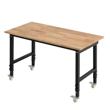 Front. VEVOR - Adjustable Workbench on Wheels, 1500 lbs Capacity, 48 x 24 Inch Oak Wood Top Workbench with 28.5-42.3 Inch Height - Wood + Black.
