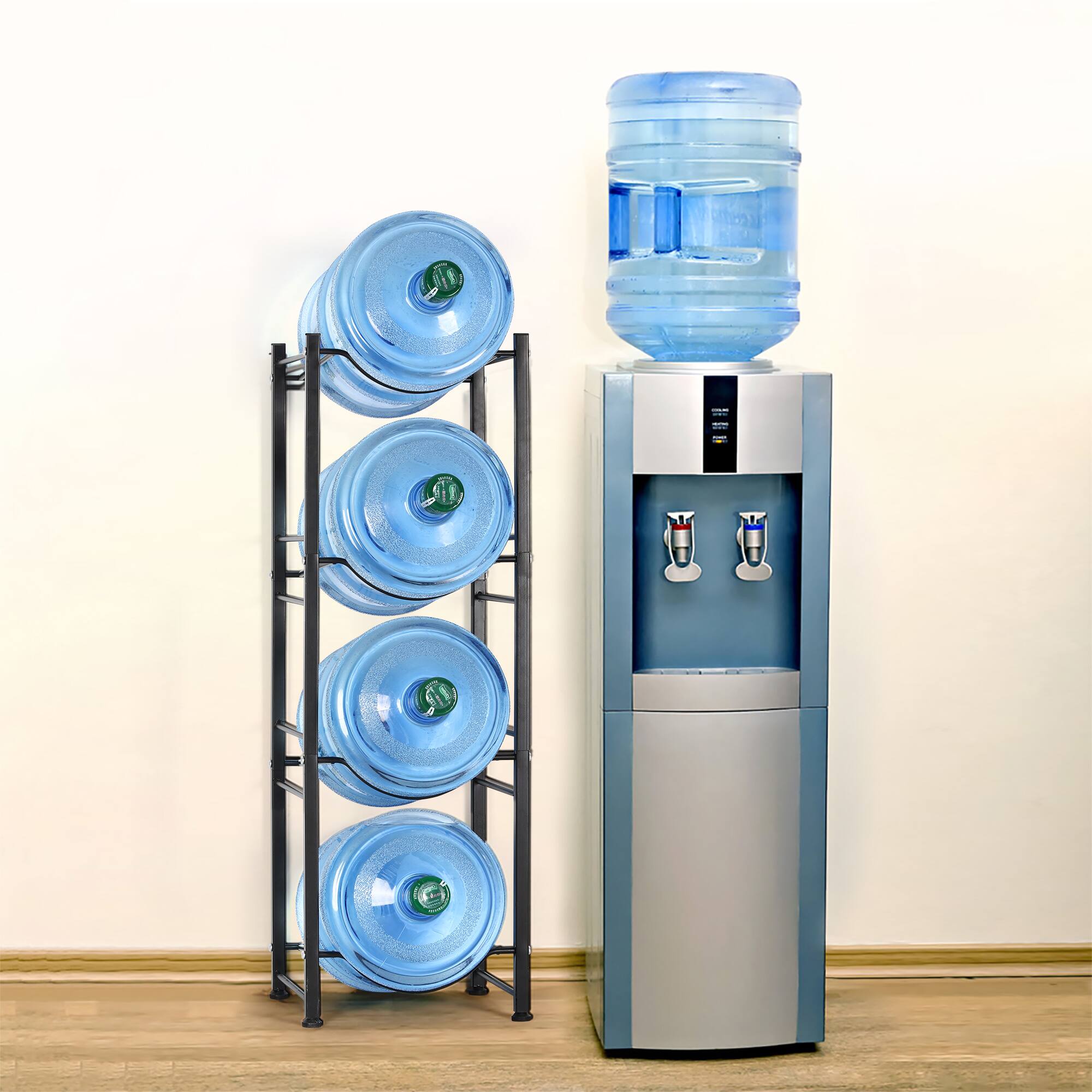 Alt View 4. Oumilen - Black 4-Tier Square Tube Water Bottle Rack, Heavy Duty 5 Gallon Water Jug Storage Holder with Adjustable Feet - Black.