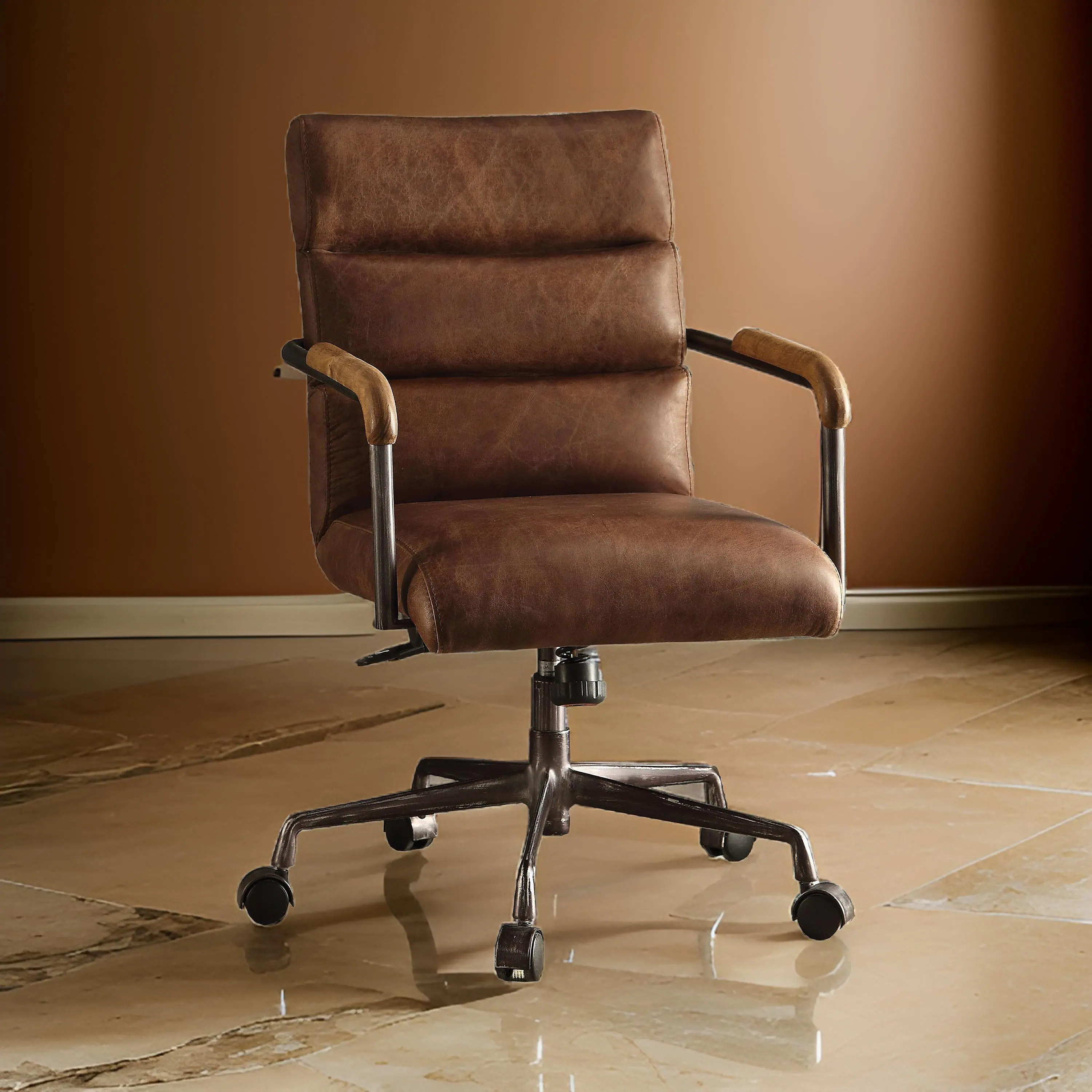 Alt View 5. Manhattan Lane - Metal & Top Grain Leather Executive Office Chair - Brown.