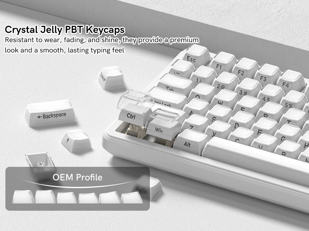 Crystal Jelly PBT Keycaps  
Resistant to wear, fading, and shine, they provide a premium look and a smooth, lasting typing feel

Esc Dsta 1!  
Tah anal dan Backspace Ctrl A Win 7 Alt F1 2@ Wa S X F2 3# 3 C D C F3 4$ D F V F4 5% T G D - H A EM Profile

OEM Profile