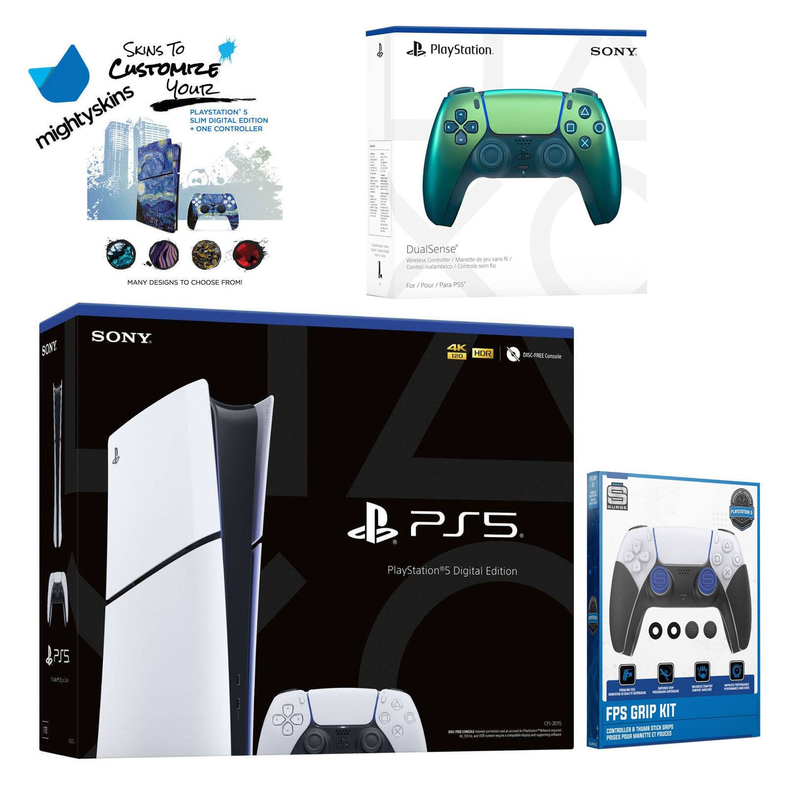 **mighty skins**

**Skins To Customize Your PlayStation 5 Slim Digital Edition**

**One Controller**

**Many Designs To Choose From!**

---

**PlayStation**

**DualSense™**

**Control inalimentable / Manette de jeu sans fil**

**For / Pour / Para PS5**

---

**SONY**

**PlayStation 5 Digital Edition**

**4K 120Hz**

**HDR**

**BDG-Free Console**

---

**FPS GRIP KIT**

**1 Controller + 2 Grip Kits**

**Precision Grip for PlayStation®5**