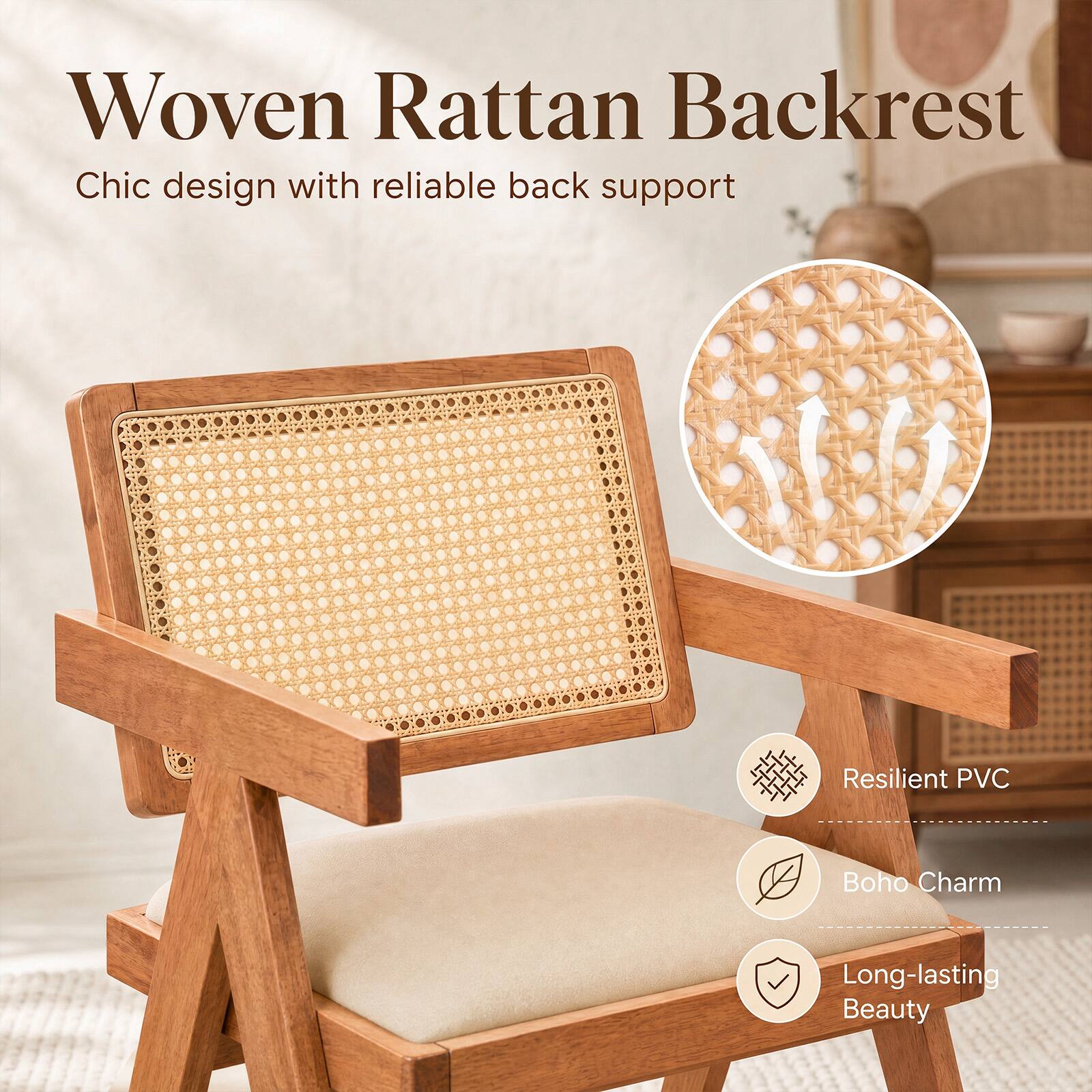 Woven Rattan Backrest  
Chic design with reliable back support  

- Resilient PVC  
- Boho Charm  
- Long-lasting Beauty