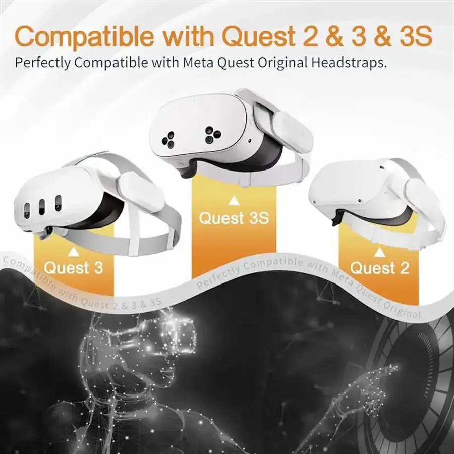 Compatible with Quest 2, 3 & 3S & 3 & 3S & Meta Quest Original Headstraps. Quest 3S is compatible with Quest 3 & 3S & Meta Quest Original Headstraps.