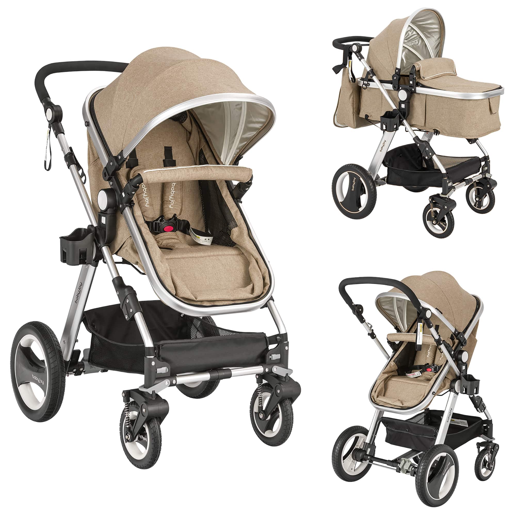Costway - Folding Aluminum Infant Baby Stroller Kids Carriage Pushchair W/ Diaper Bag - Khaki