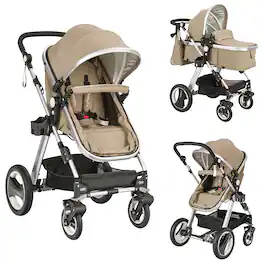 Costway - Folding Aluminum Infant Baby Stroller Kids Carriage Pushchair W/ Diaper Bag - Khaki