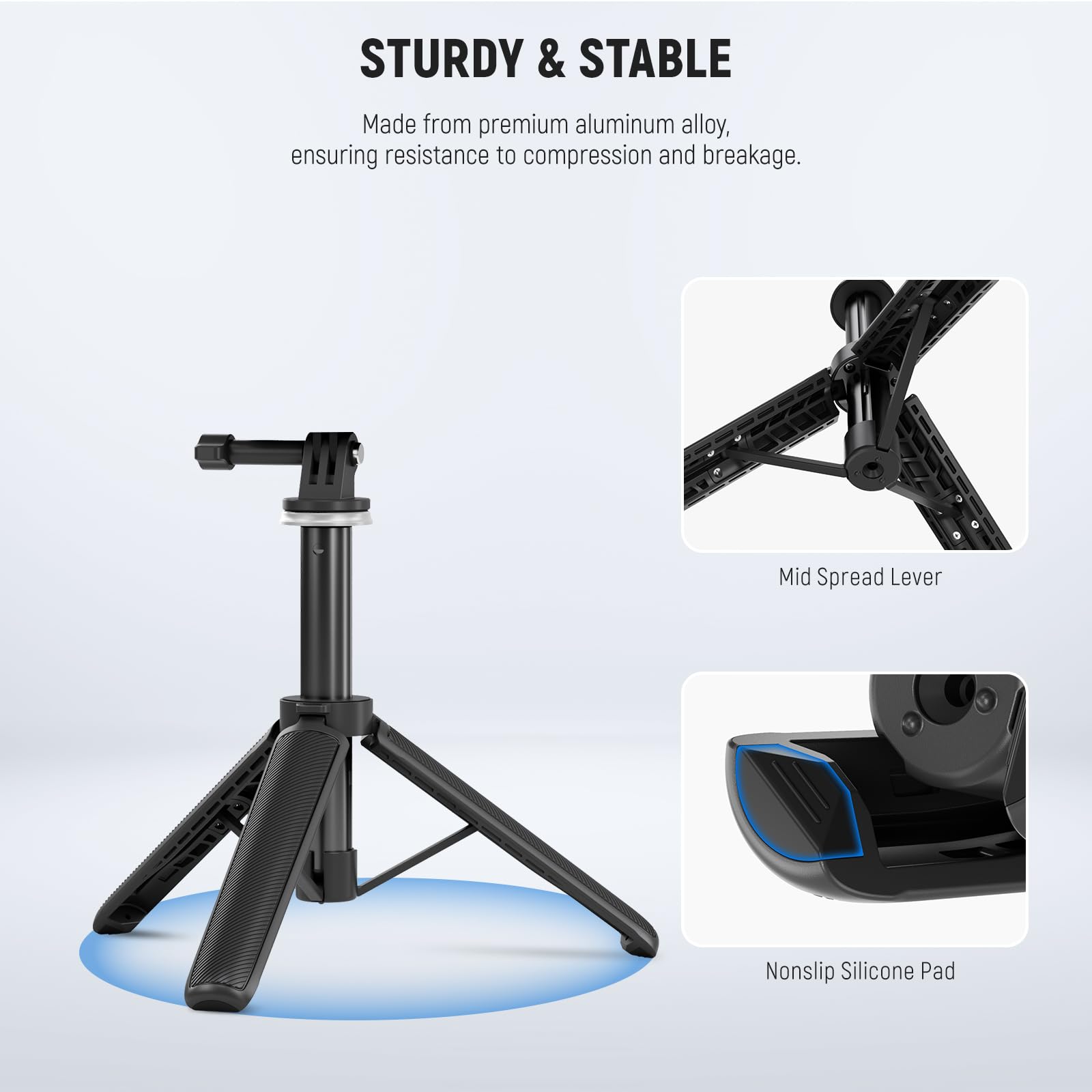 STURDY & STABLE  
Made from premium aluminum alloy, ensuring resistance to compression and breakage.  

Mid Spread Lever  

Nonslip Silicone Pad