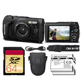 Bundle - OM System - Tough TG-7 Digital Camera (Black) + 64GB Card + Case + Battery