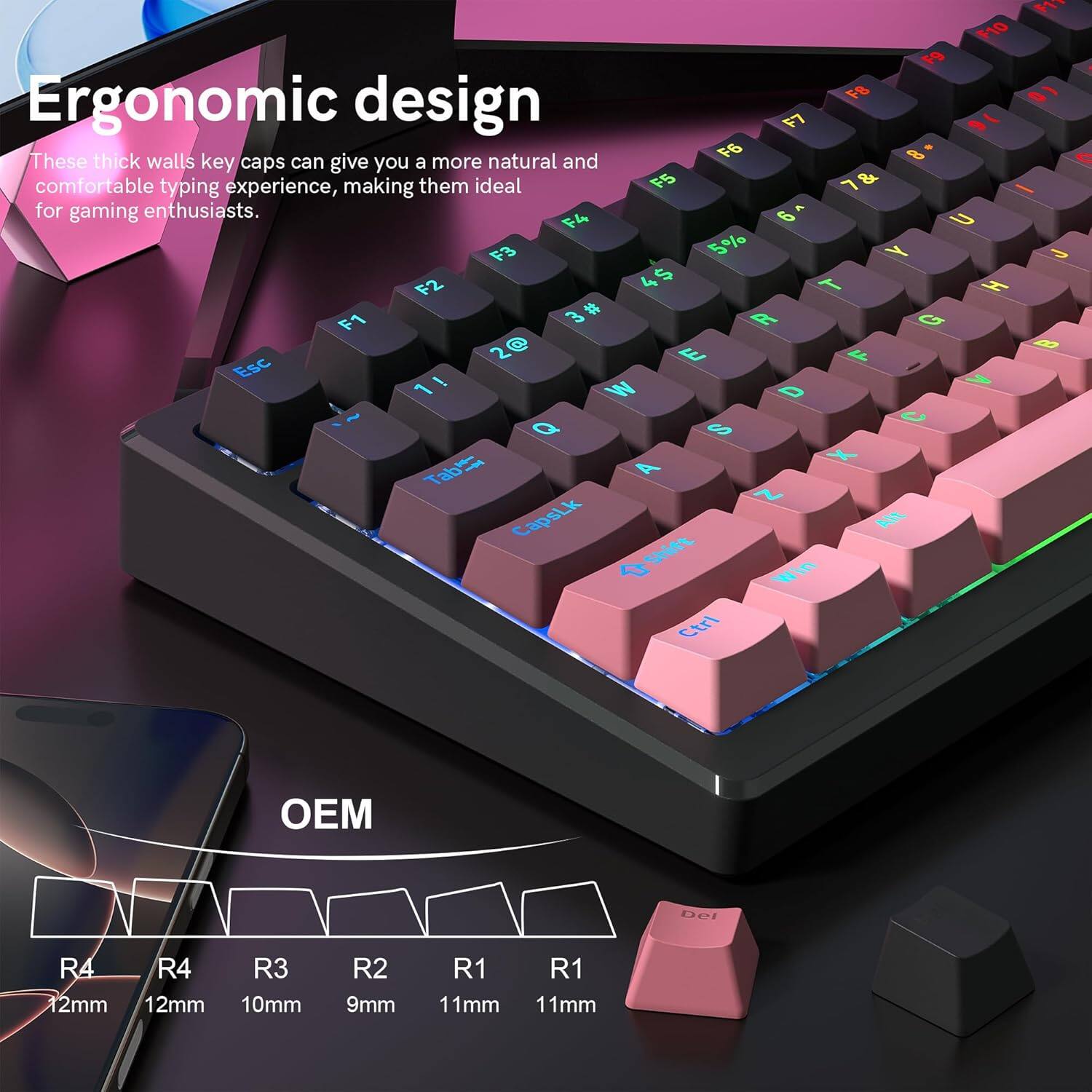 Ergonomic design  
These thick walls key caps can give you a more natural and comfortable typing experience, making them ideal for gaming enthusiasts.  

F10 19  
F9 18  
F8 17  
F7 16  
F6 15  
F5 14  
F4 13  
F3 12  
F2 11  
F1 10  
Esc 9  

R4 12mm  
R4 12mm  
R3 10mm  
R2 9mm  
R1 11mm  
R1 11mm