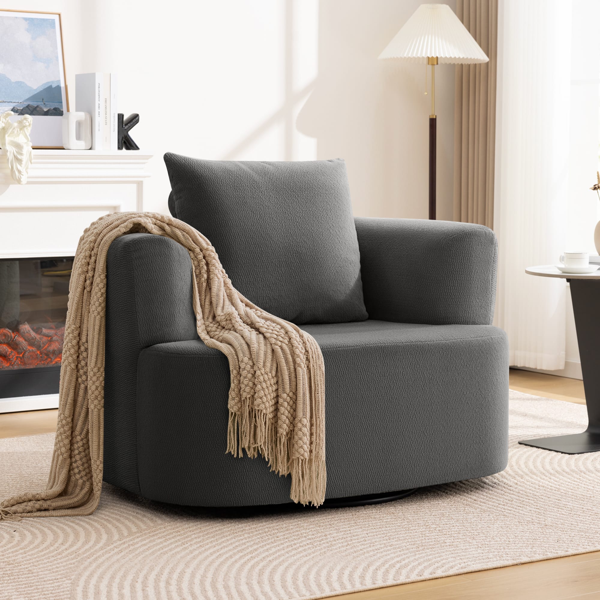 Brick Attic - 41"W Upholstered Lounge Swivel Chair with Pillow, Padded Swivel Lounge Chair, 360° Rotating Armchair - Dark Gray