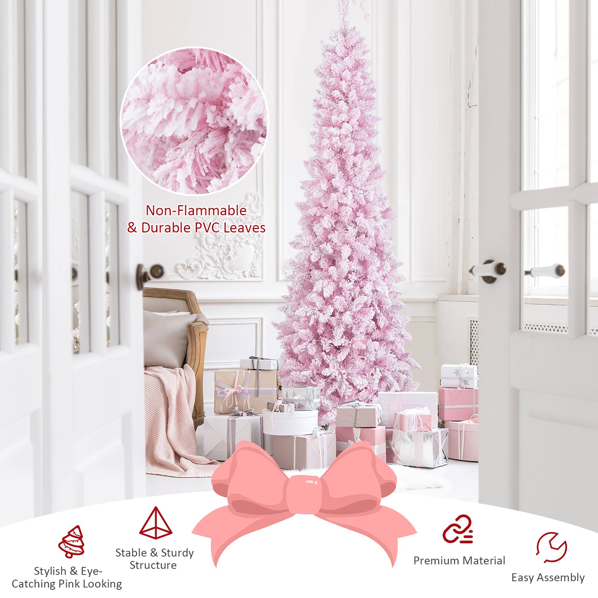 The image features a pink Christmas tree with non-flammable and durable PVC leaves, providing a stable and sturdy structure. The tree is stylish and eye-catching, made from premium material. The assembly process is easy, making it a convenient choice for decorating during the holiday season.