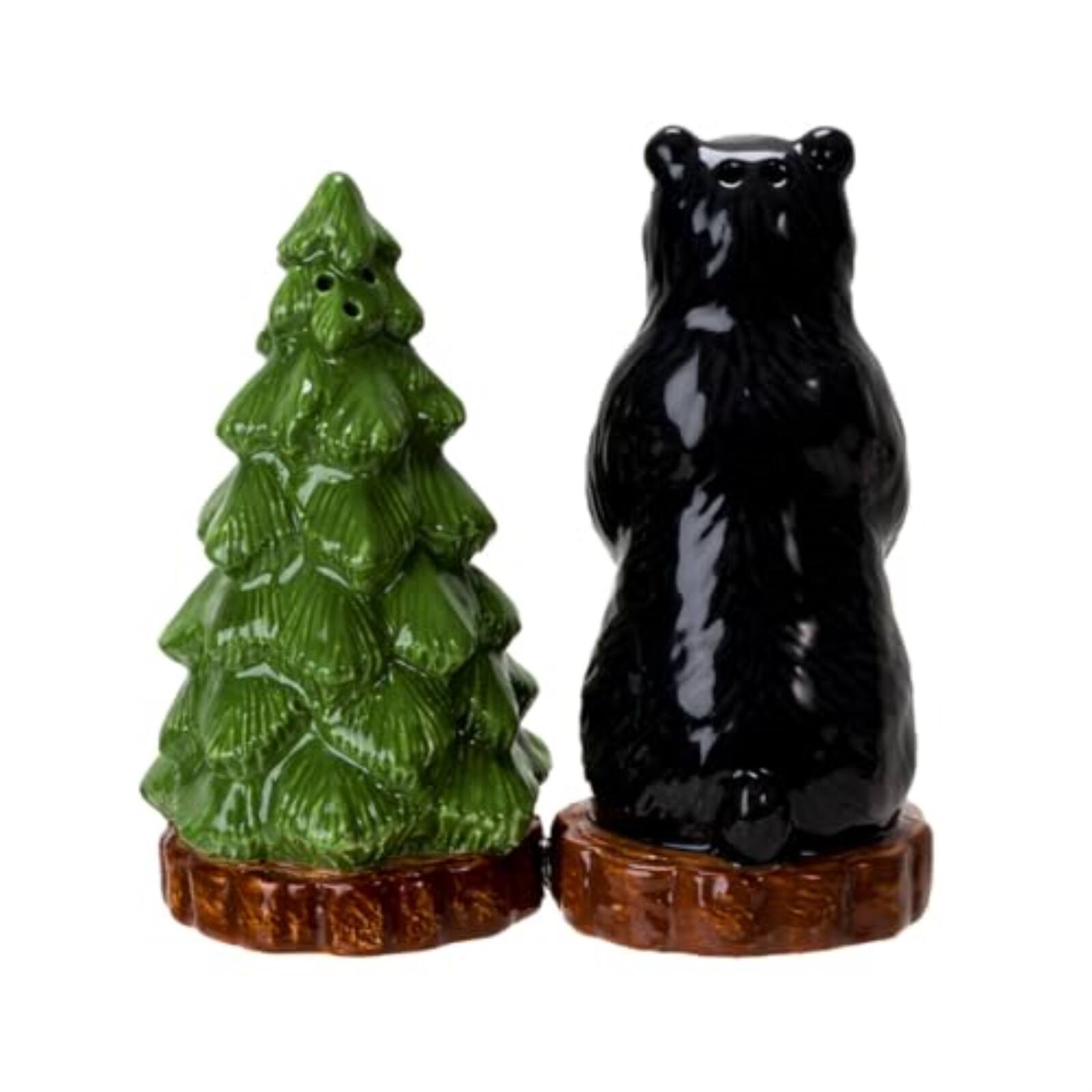 Angle. Pacific Trading - Forest Retreat Black Bear and Tree Ceramic Magnetic Salt and Pepper Shaker Set - Multicolor.