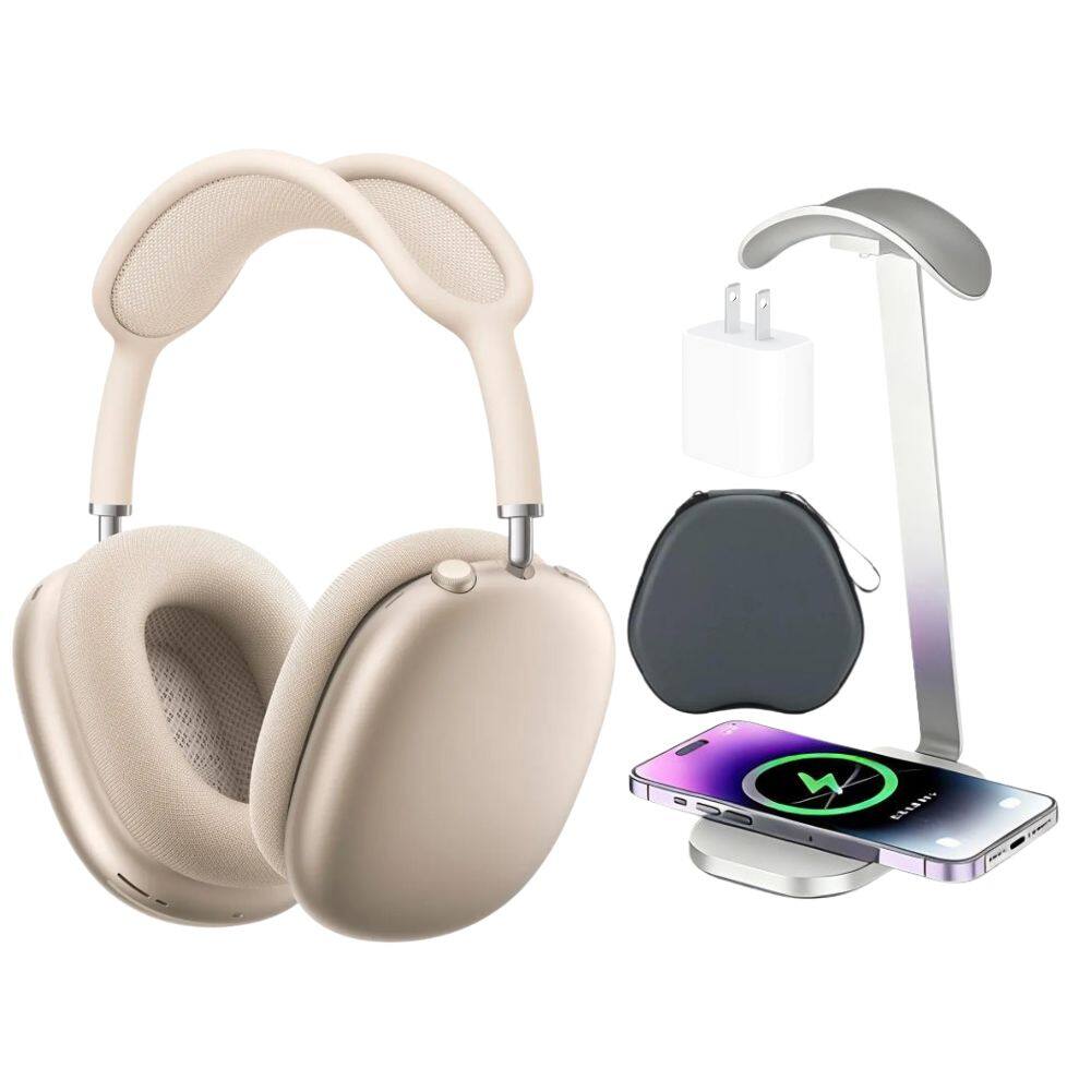 Front. Apple - Apple - AirPods Max (USB-C) - Starlight + Power Adapter, Headphone Stand/Charging Pad & Carrying Case.