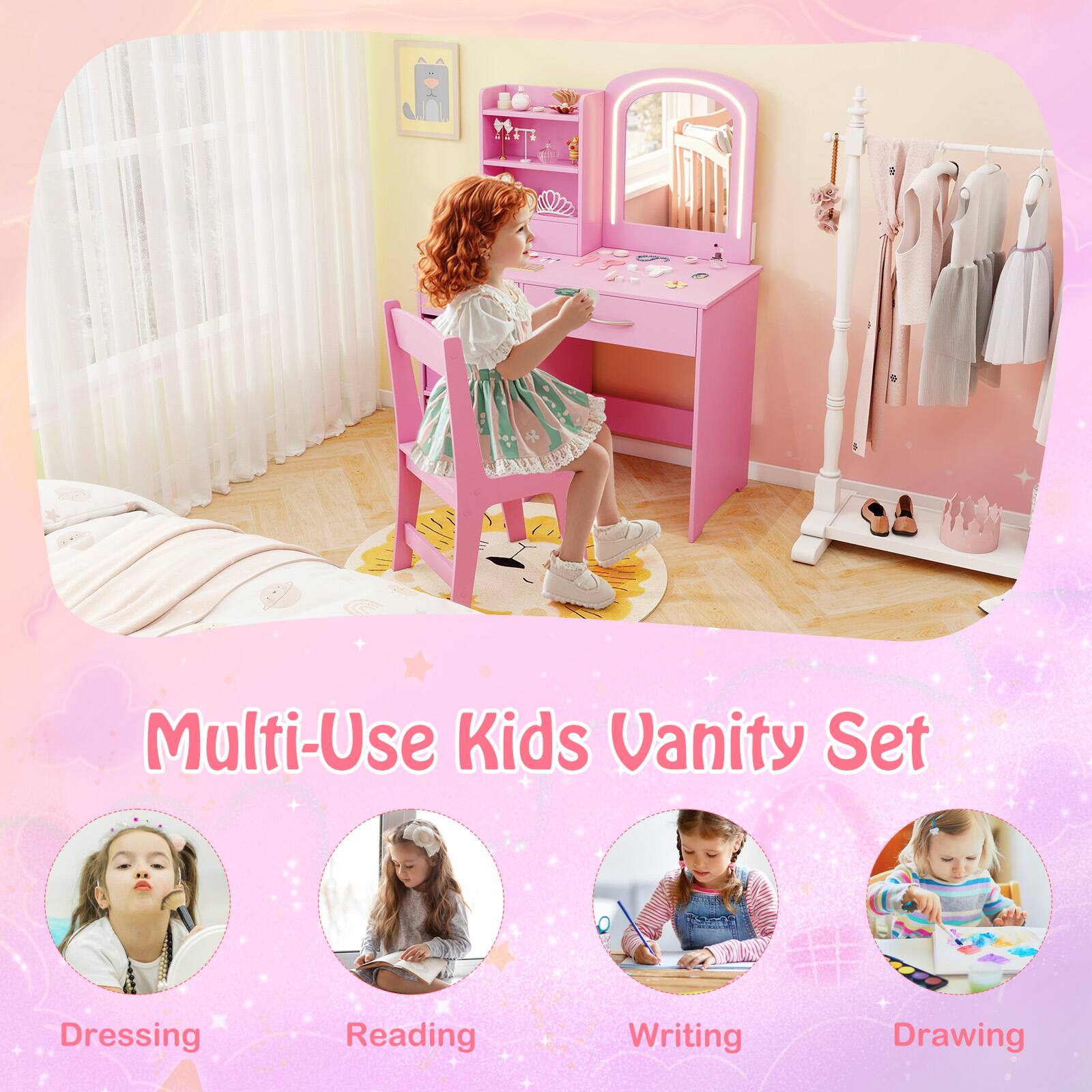 Multi-Use Kids Vanity Set

Dressing  
Reading  
Writing  
Drawing