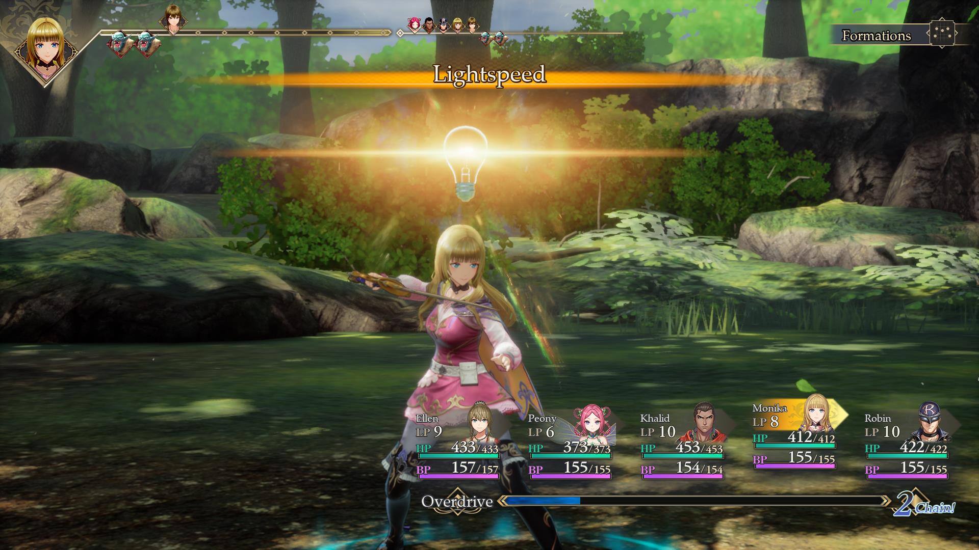 Formations  
Lightspeed  
Ellen I.P 9 HP 433/433 BP 157/157 Overdrive  
Peony LP 6 HP 373/373 BP 155/155  
Khalid LP 10 HP 453/453 BP 154/154  
Monika LP 8 HP 412/412 BP 155/155  
Robin LP 10 HP 422/422 BP 155/155  
2.Chaim!