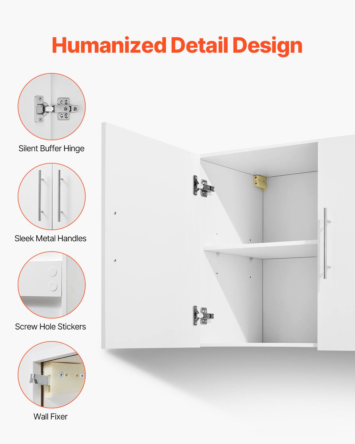 Humanized Detail Design

- Silent Buffer Hinge
- Sleek Metal Handles
- Screw Hole Stickers
- Wall Fixer