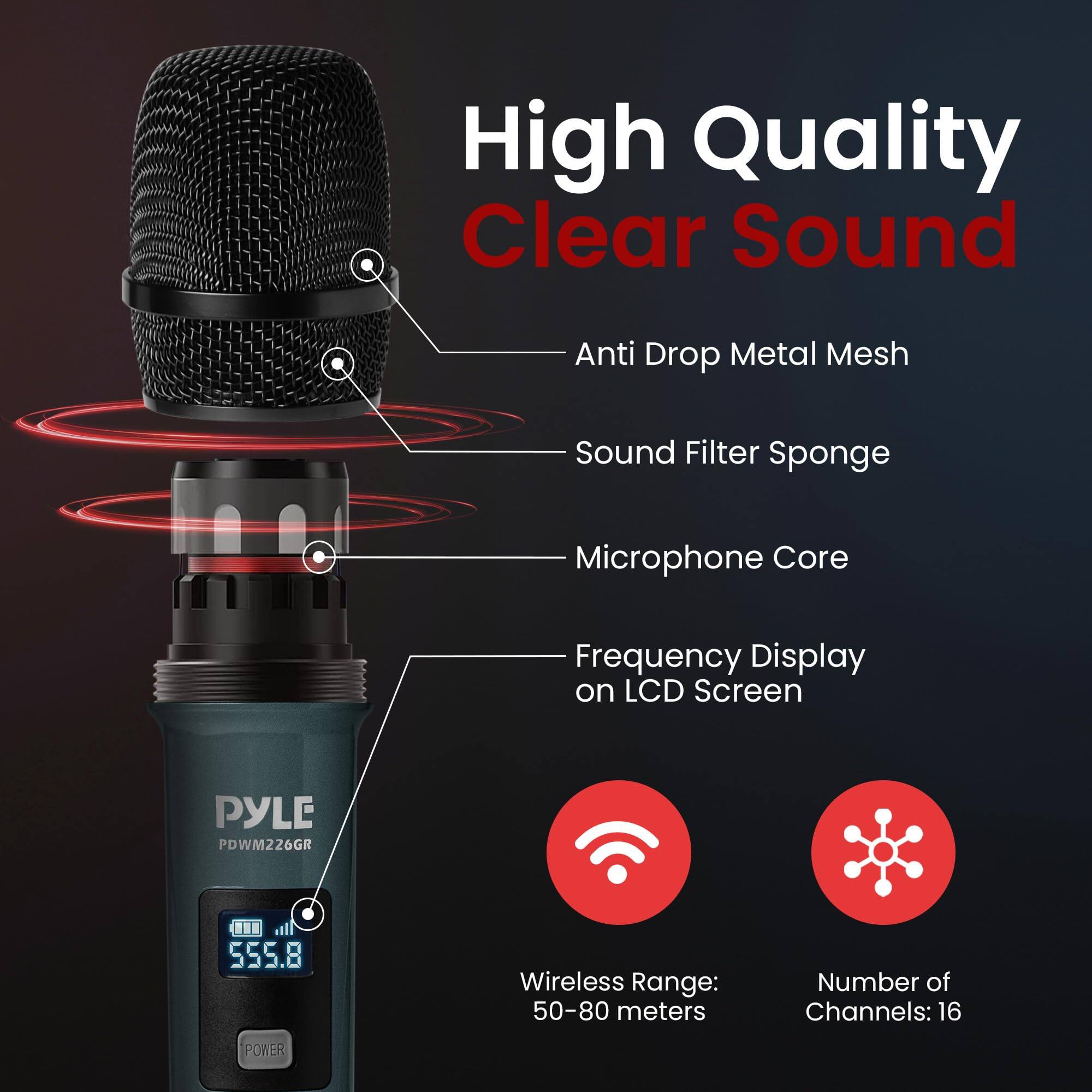 High Quality Clear Sound

- Anti Drop Metal Mesh
- Sound Filter Sponge
- Microphone Core
- Frequency Display on LCD Screen

Wireless Range: 50-80 meters

Number of Channels: 16

PYLE PDWM226GR

555.8

POWER