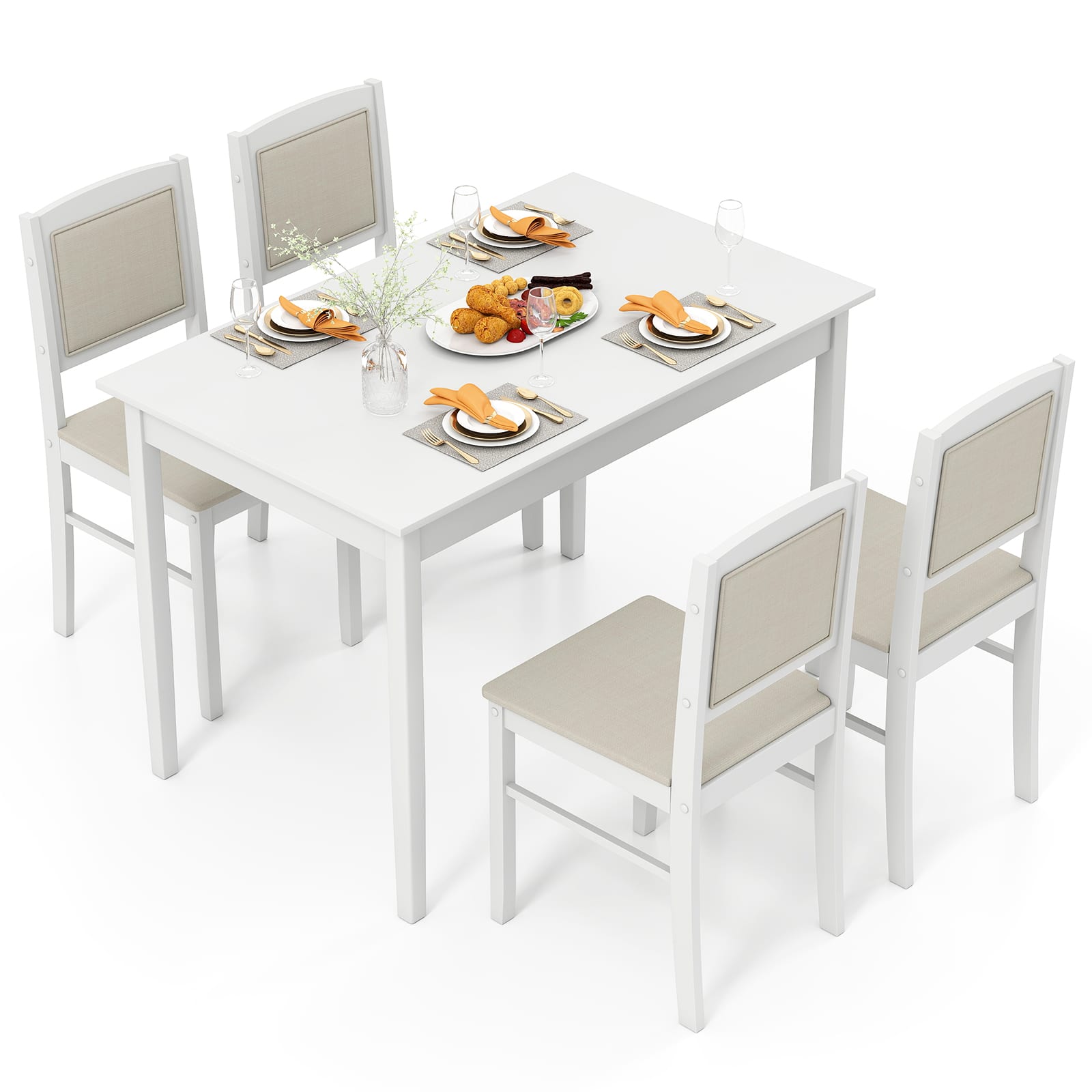 Costway - 5 PCS Dining Table Set for 4 with Rubber Wood Legs Upholstered Seat Padded Backrest - Beige