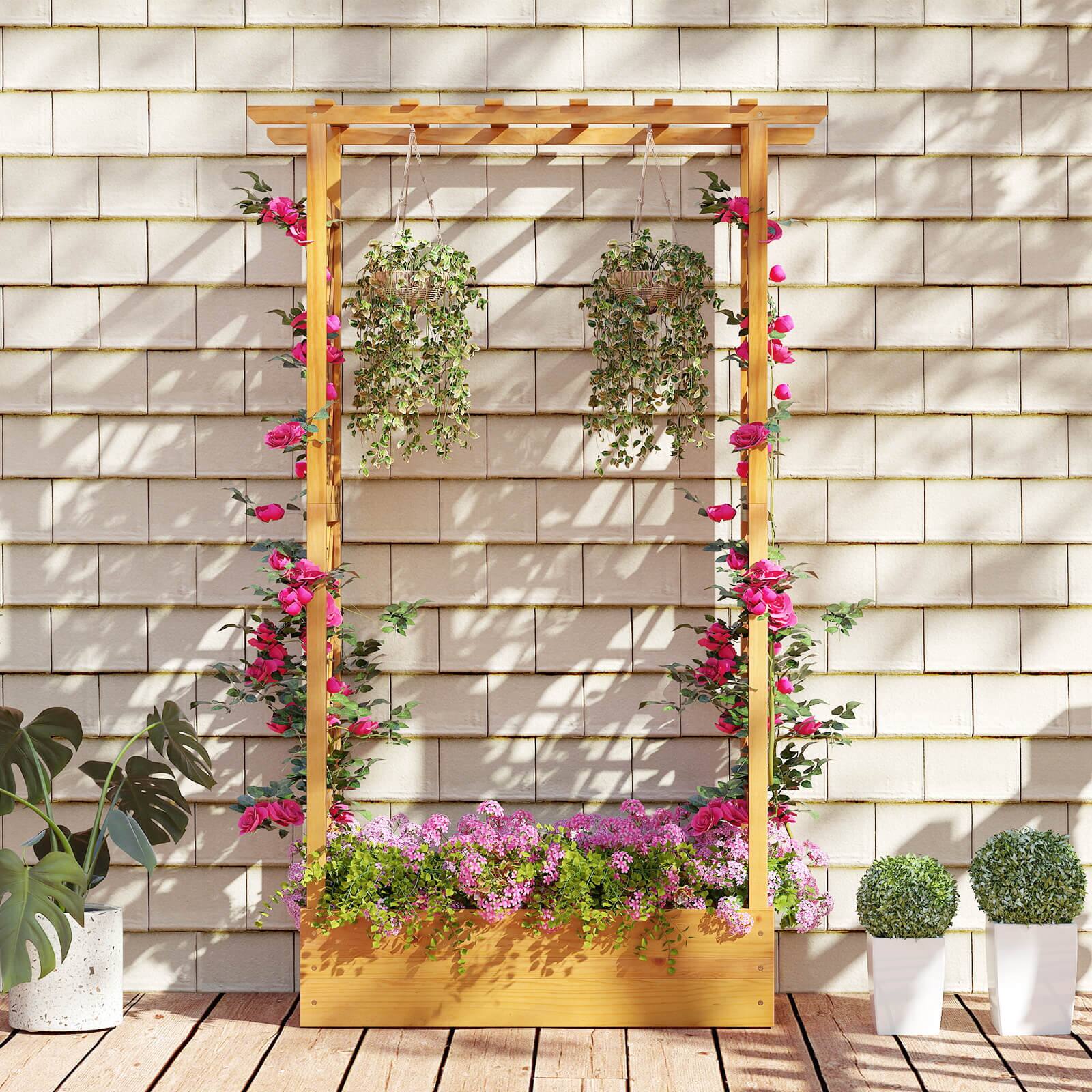 Alt View 4. Costway - Costway 2 PCS 70" Wooden Raised Garden Bed with Lattice Trellis Hanging Roof Open-Ended Base - Natural.