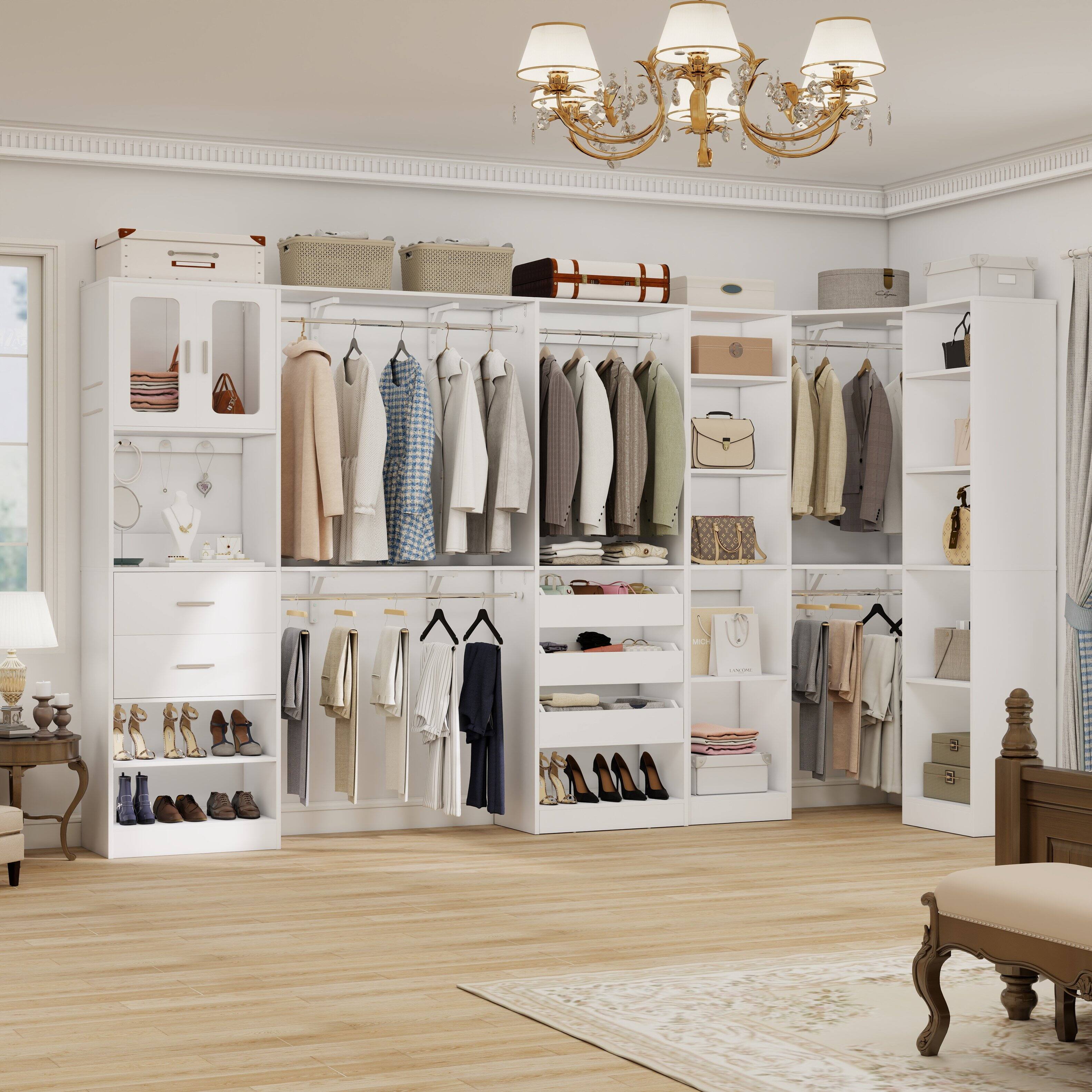 Left. Aheaplus - 100'' Large Walk-in Closet Organizer System with Drawers, Hanging Rods and 20 Shelves for Storage, 3 Sets - White.