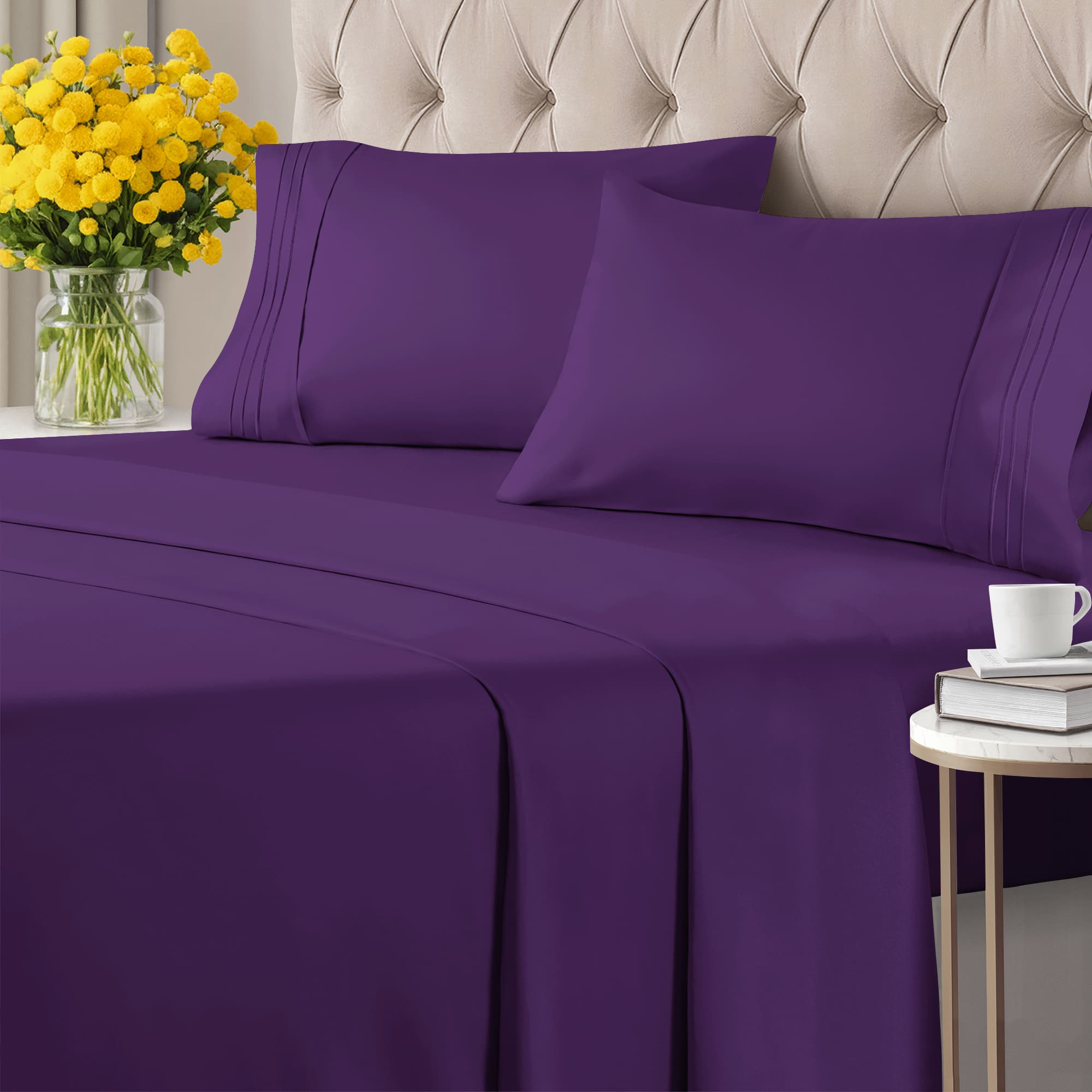 CGK Linens - Ultra Soft Solid 6 Piece Sheet Set - Comfortable Bed Sheets & Extra Pillowcases - Twin - Purple