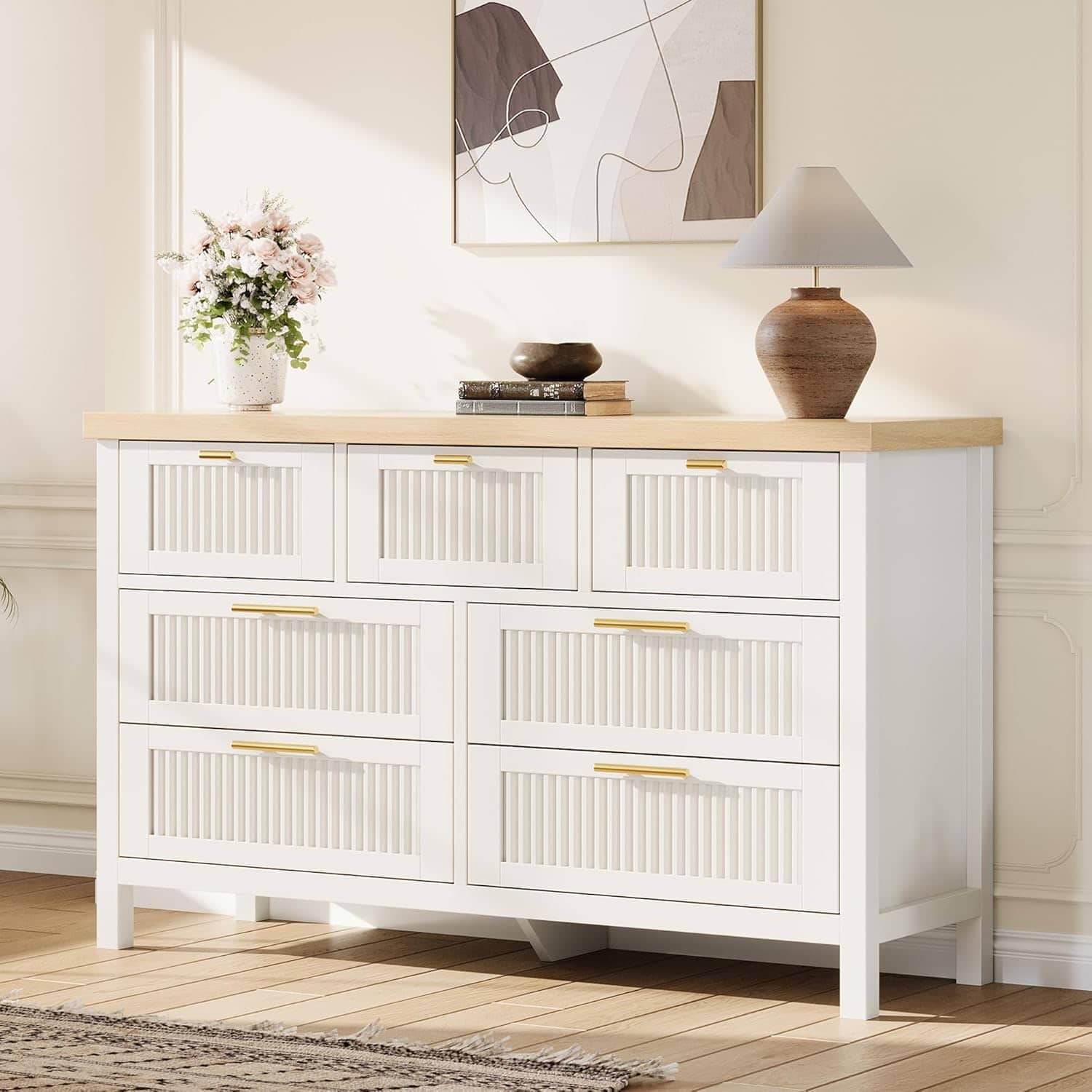 Acekool - Fluted 7 Drawer Dresser for Bedroom 47.4" Wide Large Chest of Drawers Wood Storage Cabinet TV Stand White - White