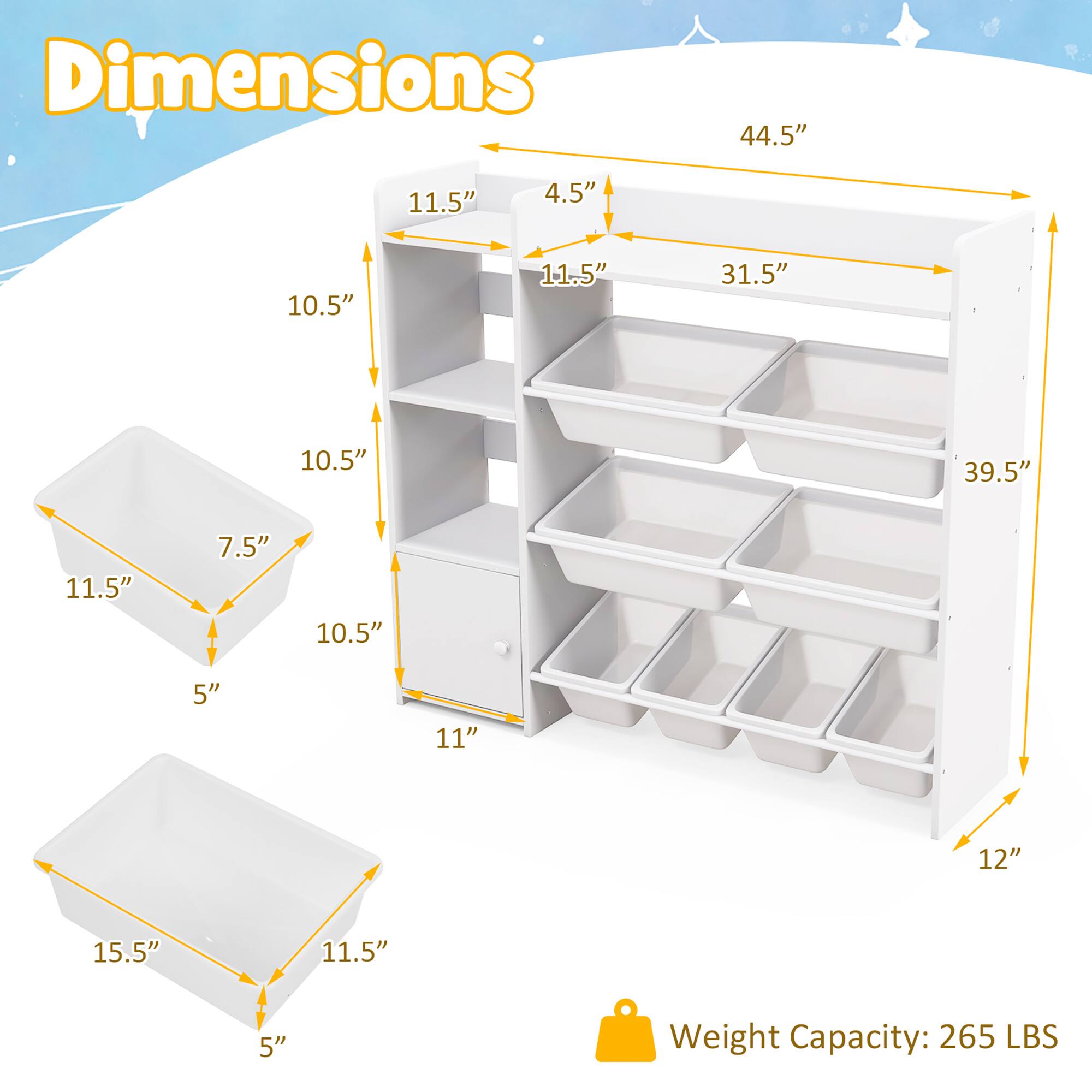 Dimensions: 44.5", 11.5", 4.5", 10.5", 11.5", 31.5", 10.5", 39.5", 11.5", 7.5", 10.5", 5", 11", 12", 15.5", 11.5", 5"

Weight Capacity: 265 LBS