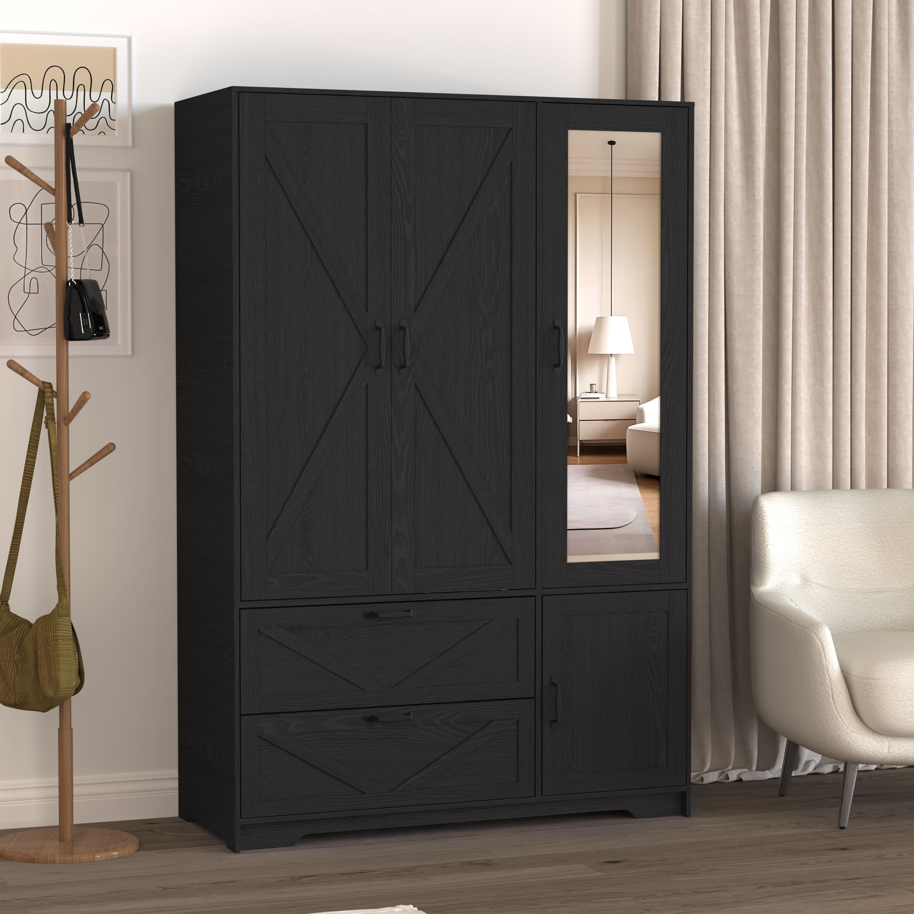 MERAVOM - Wardrobe Closet with Mirror, 4 Doors and 2 Drawers, Wooden Wardrobe Storage Cabinet with Hanging Rod, Adjustable Shelves - Black