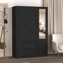 MERAVOM - Wardrobe Closet with Mirror, 4 Doors and 2 Drawers, Wooden Wardrobe Storage Cabinet with Hanging Rod, Adjustable Shelves - Black