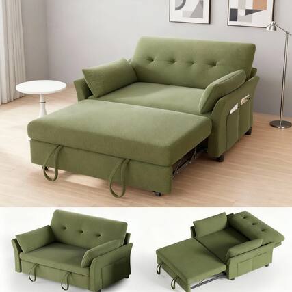 Front. Dyonery - 3-in-1 Pull Out Sleeper Sofa with Reclining Backrest & Side Pocket, Tool-Free Assembly, Loveseat - Green.