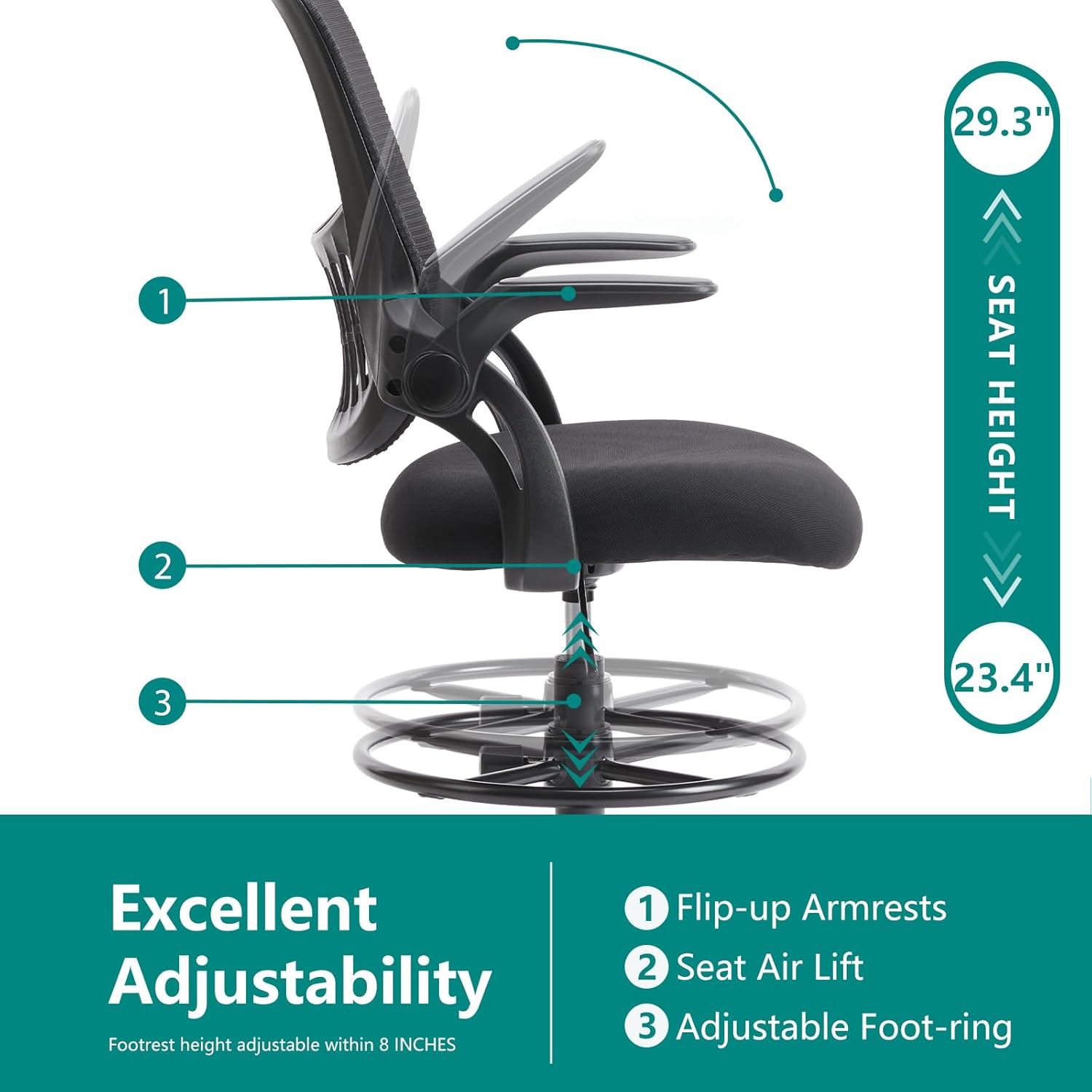 29.3" 1 SEAT HEIGHT 23.4" Excellent Adjustability Footrest height adjustable within 8 INCHES 1 Flip-up Armrests 2 Seat Air Lift 3 Adjustable Foot-ring