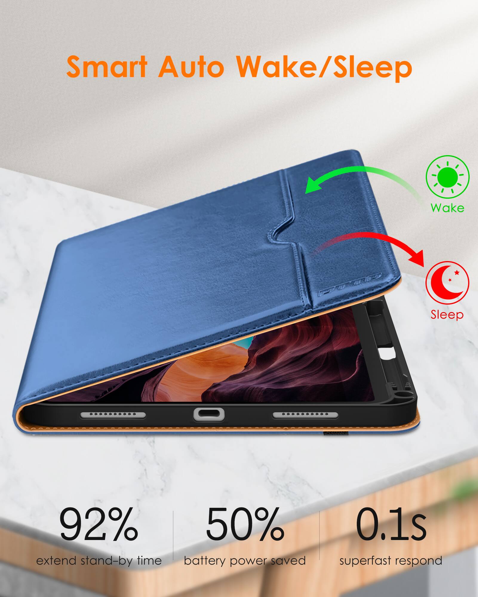 Smart Auto Wake/Sleep

- 92% extend stand-by time
- 50% battery power saved
- 0.1s superfast respond

Wake
Sleep