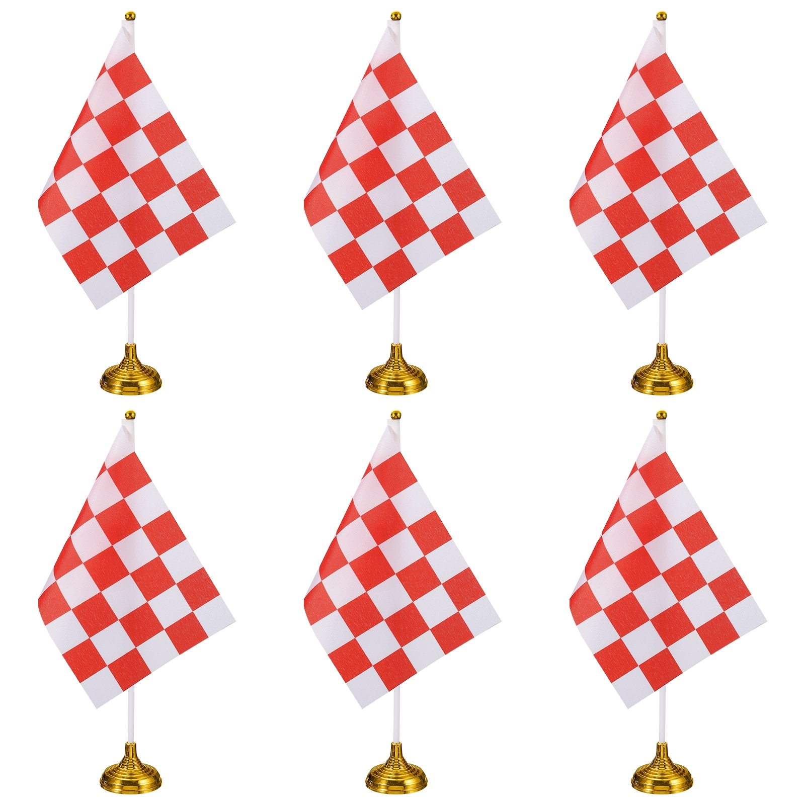 Unique Bargains - 6pcs 12" R/W Checkered Table Flag for Racing/Sport Party, White Plastic Stick & Gold Round Base - Red and White Flag, Gold Base