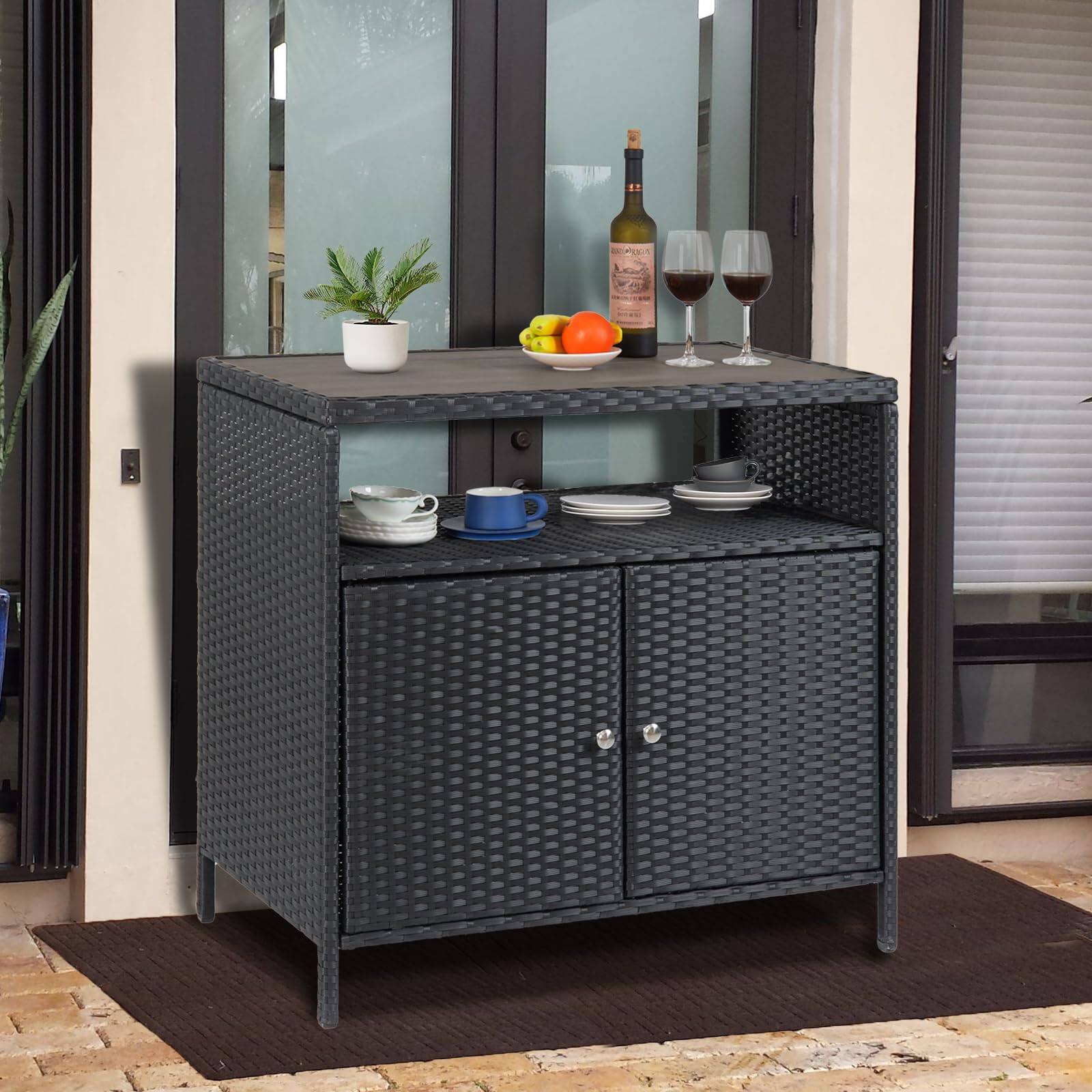 Angle. Babevy - Weather-Proof Rattan Bar Table Storage Cabinet, Wicker Patio Storage Box with Two Doors for Garden & Outdoor Bar - Grey.