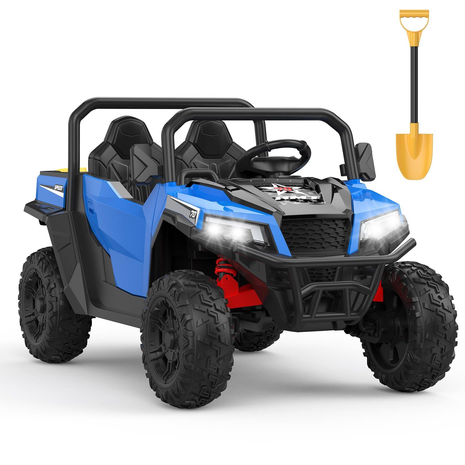 Angle. GARVEE - 24V Electric Ride-On Dump Truck, 2-Seater 4WD Remote Control, Dump Bed, Shovel, LED Lights, Bluetooth.